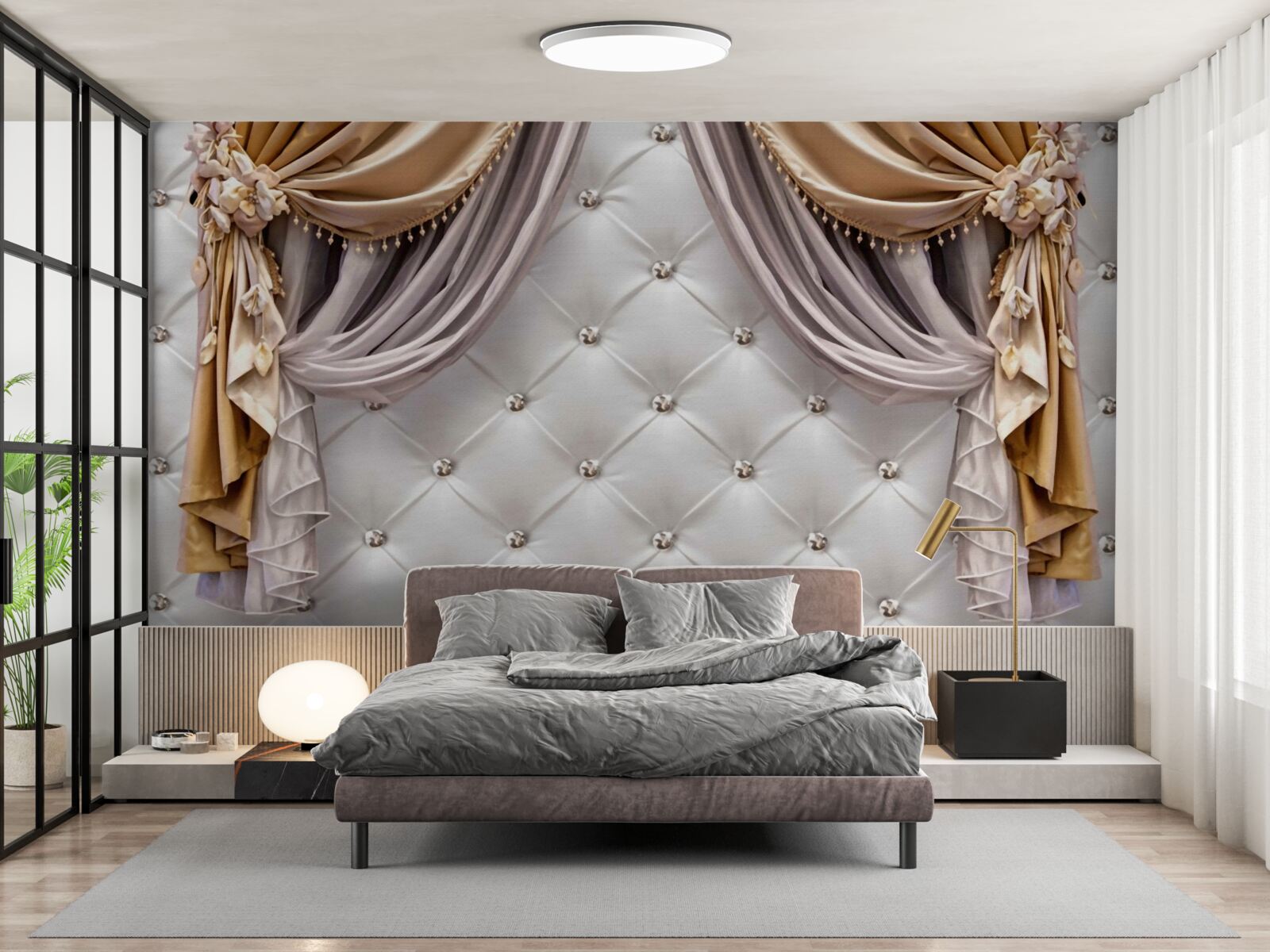 Fotobehang witte gewatteerde muur en gordijnen