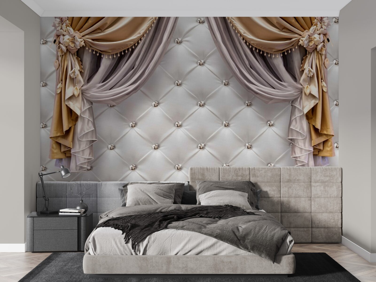 Fotobehang witte gewatteerde muur en gordijnen