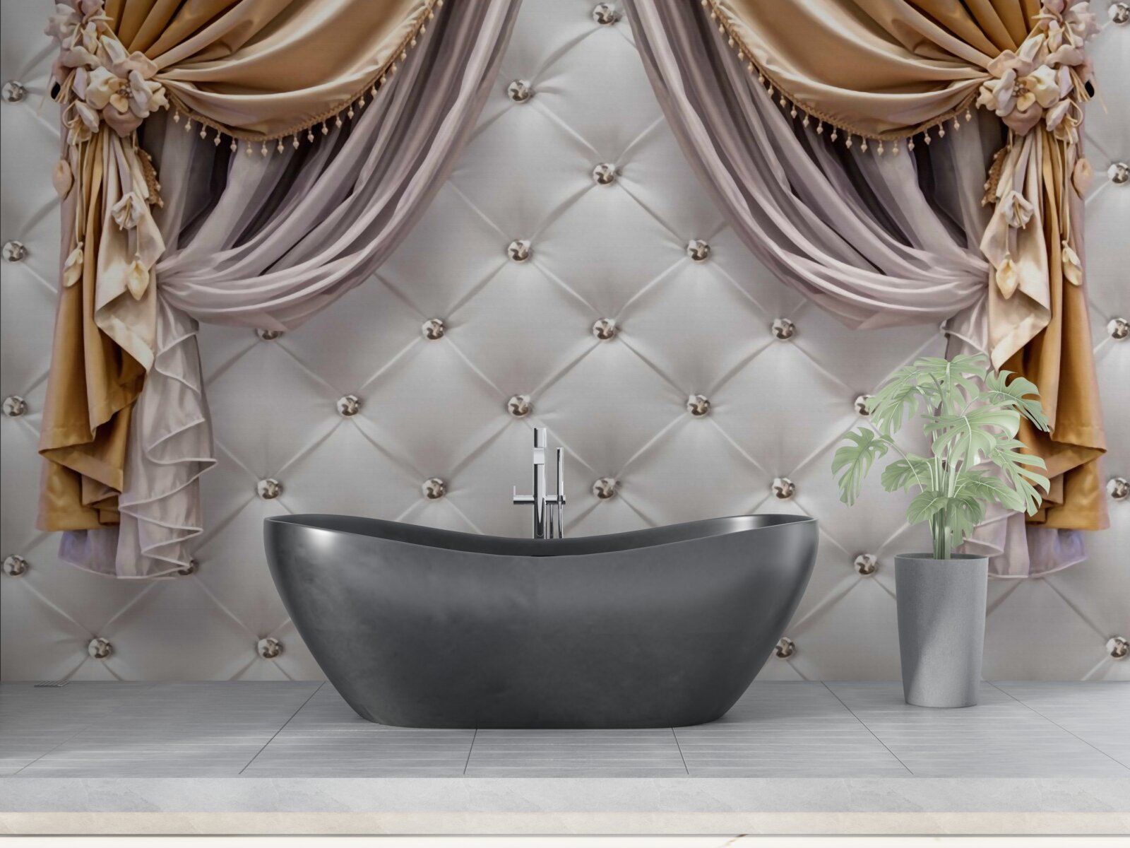 Fotobehang witte gewatteerde muur en gordijnen