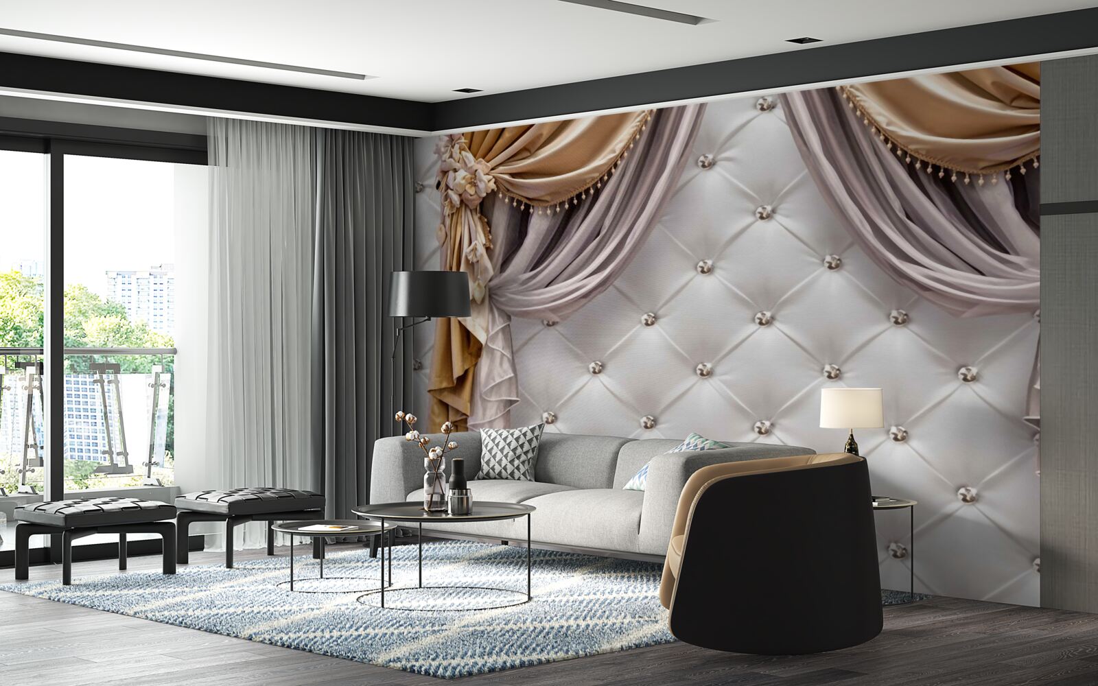 Fotobehang witte gewatteerde muur en gordijnen