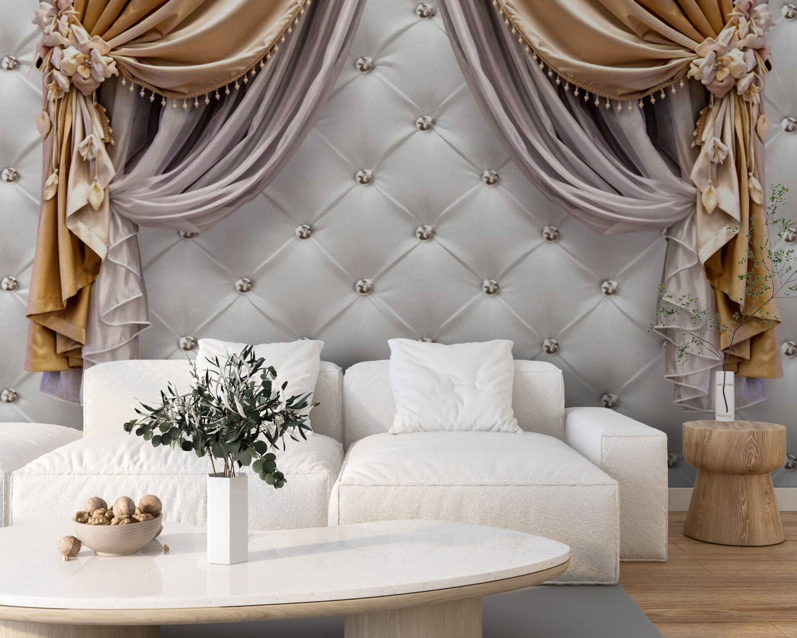 Fotobehang witte gewatteerde muur en gordijnen