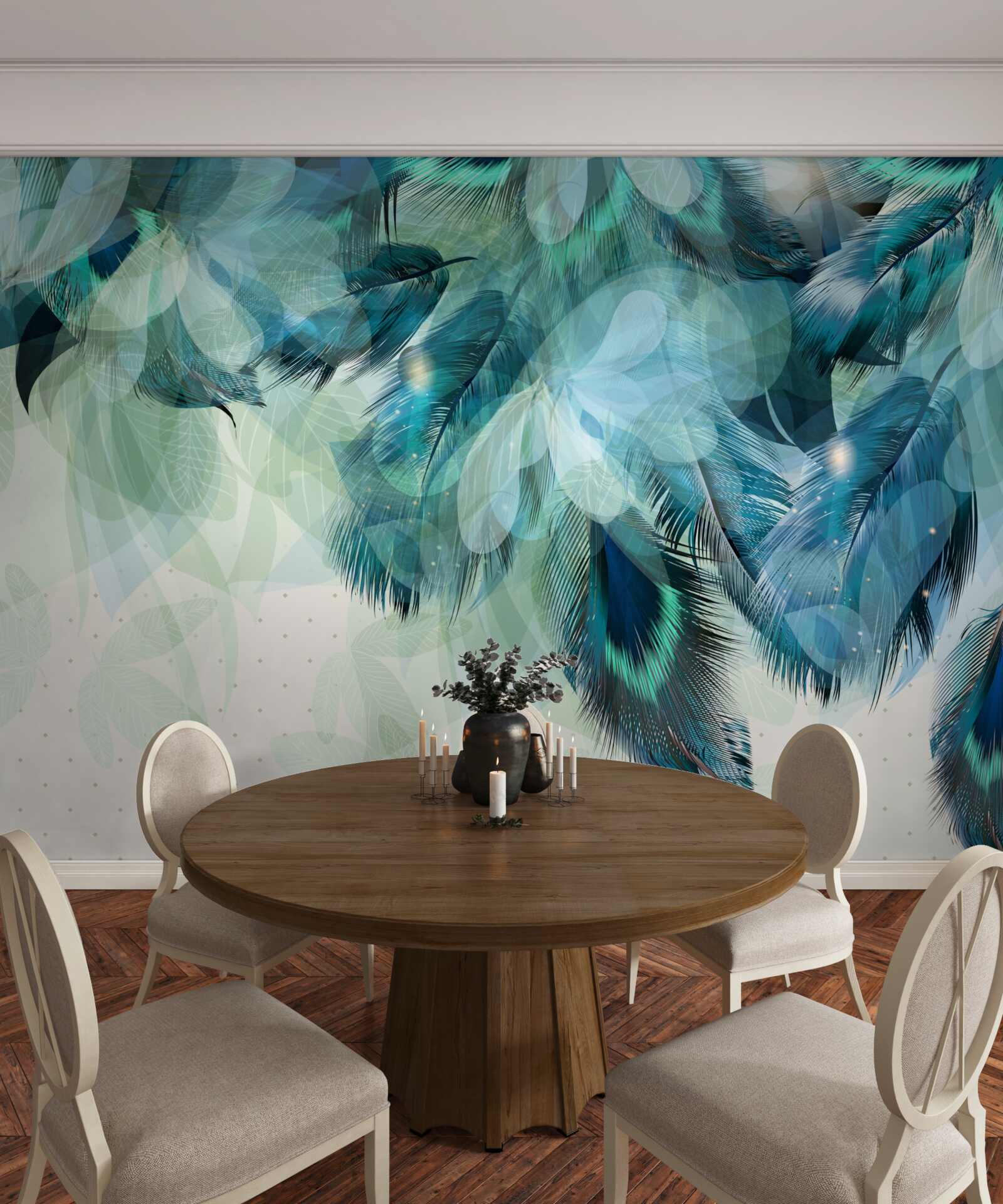 Fotobehang pauwenveren in een turquoise tint