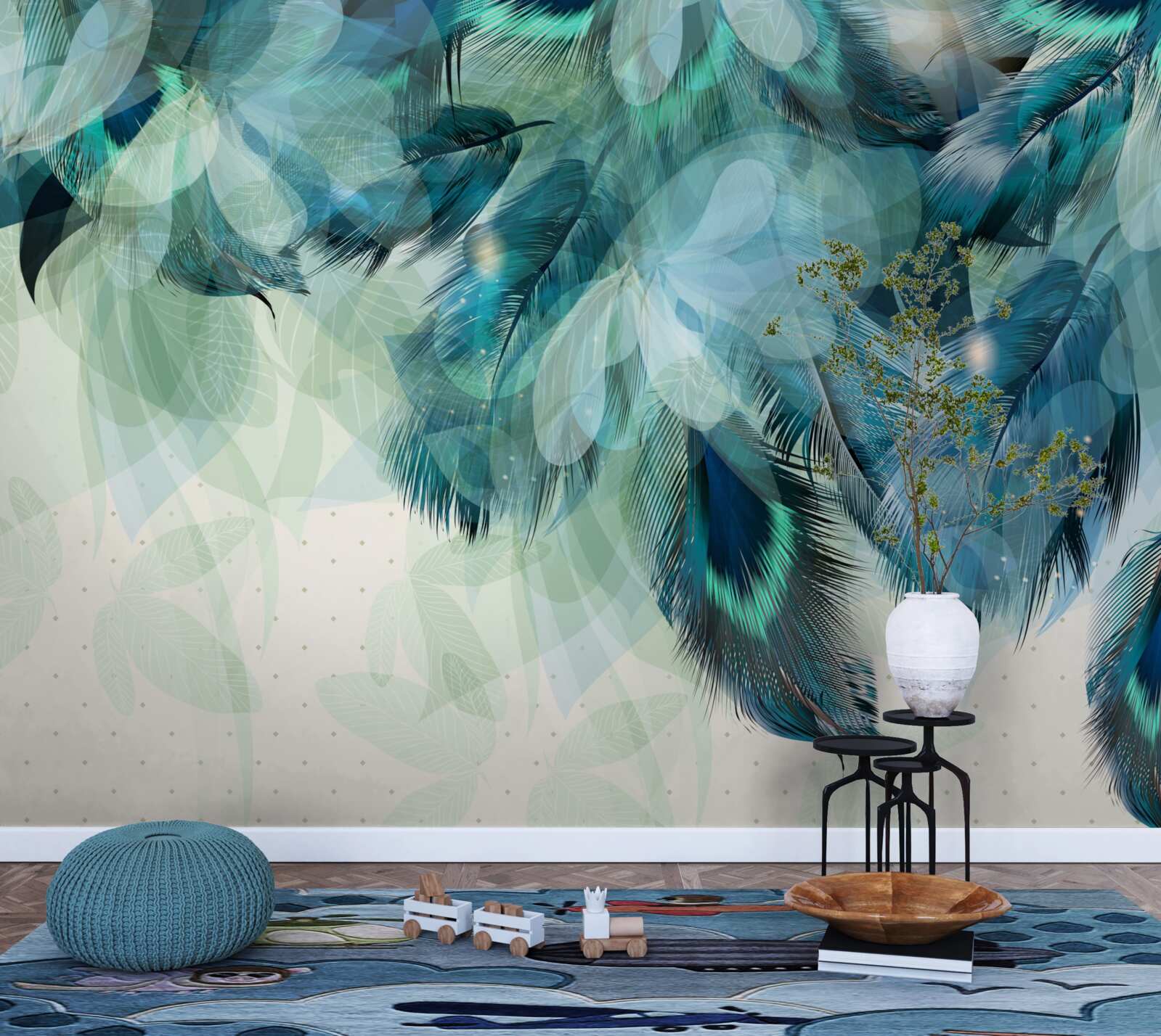 Fotobehang pauwenveren in een turquoise tint