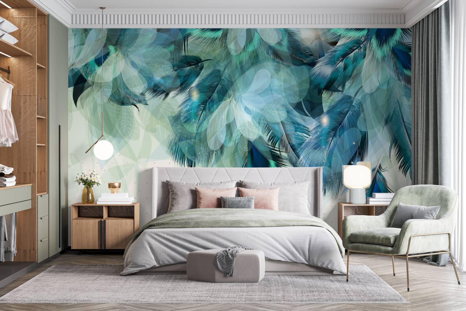 Fotobehang pauwenveren in een turquoise tint