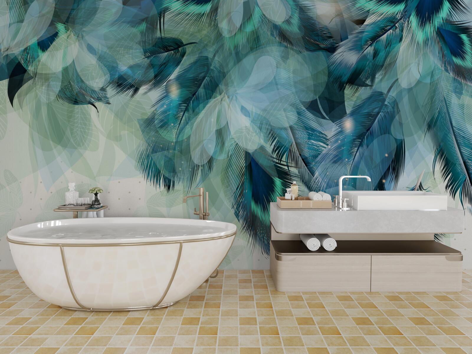 Fotobehang pauwenveren in een turquoise tint