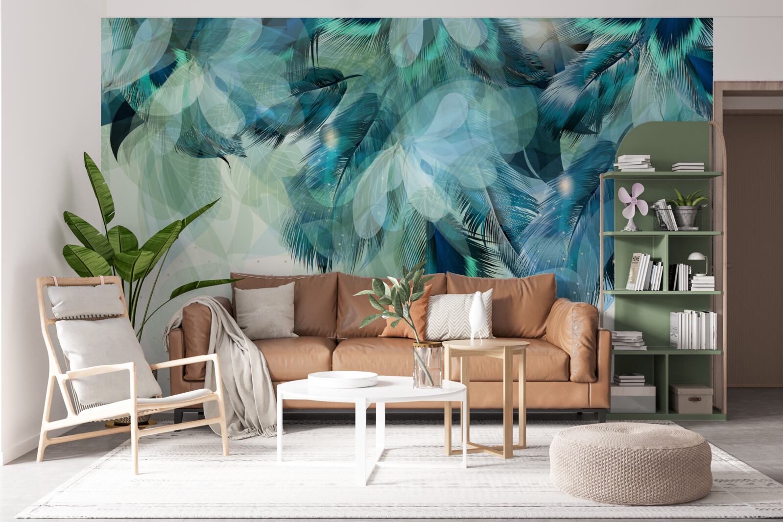 Fotobehang pauwenveren in een turquoise tint