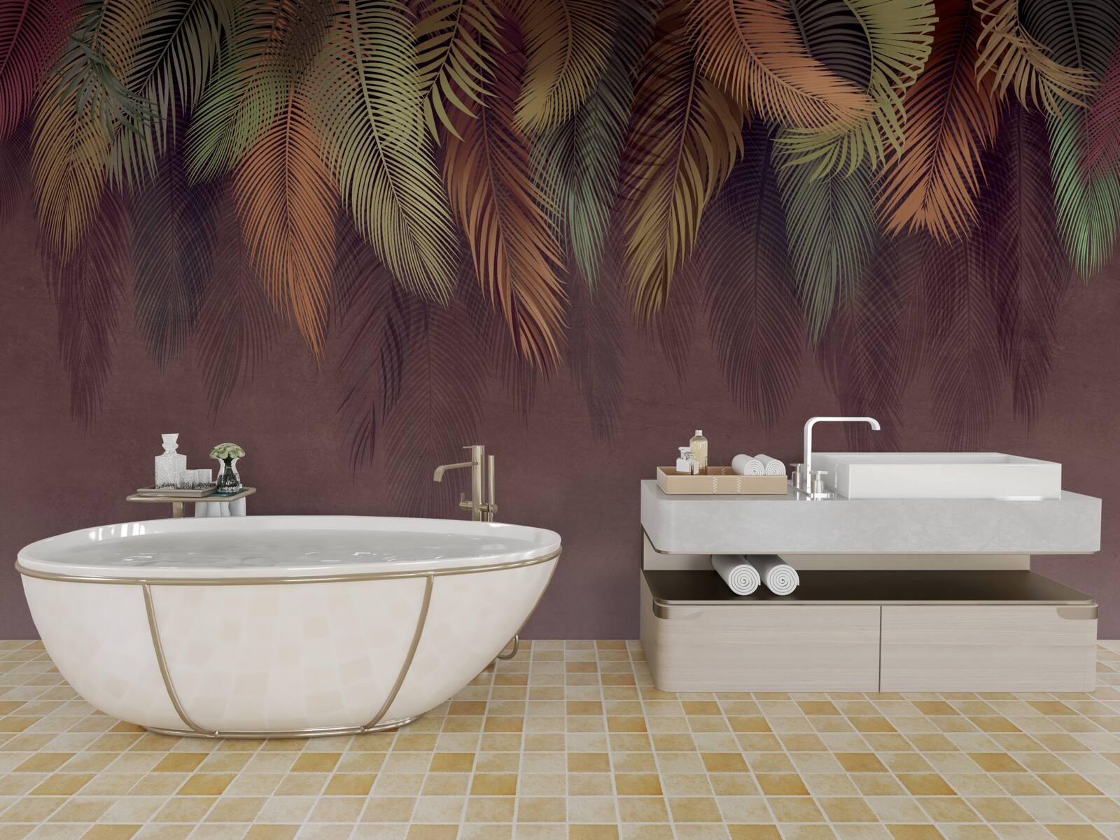 Fotobehang bungelende veren in verschillende kleuren