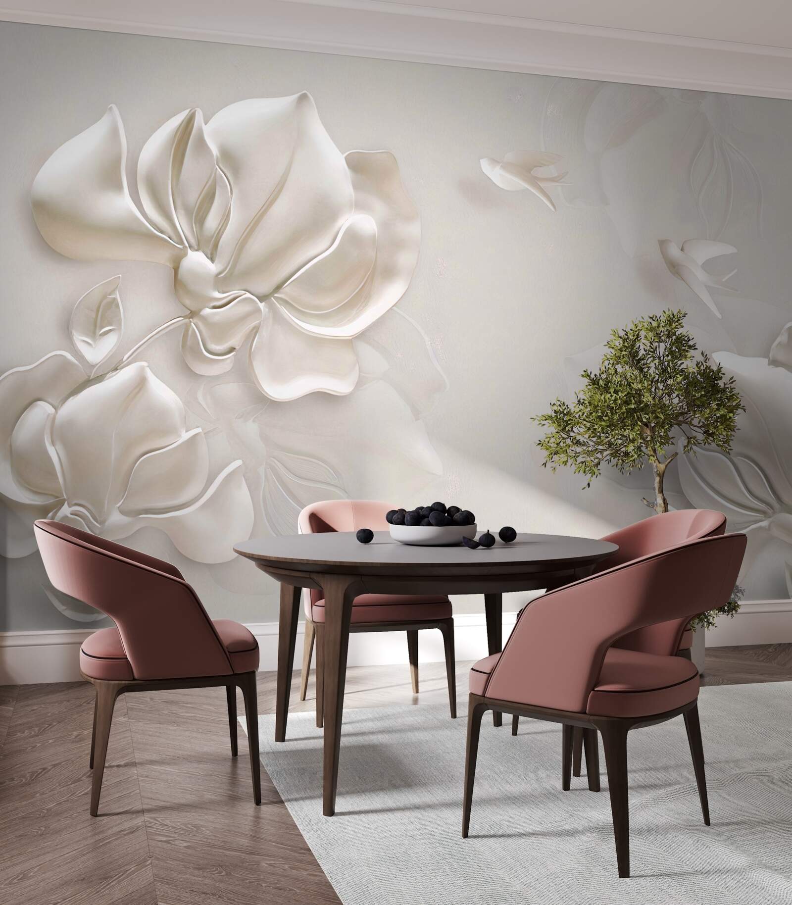 Fotobehang vogels en bloemen van wit materiaal