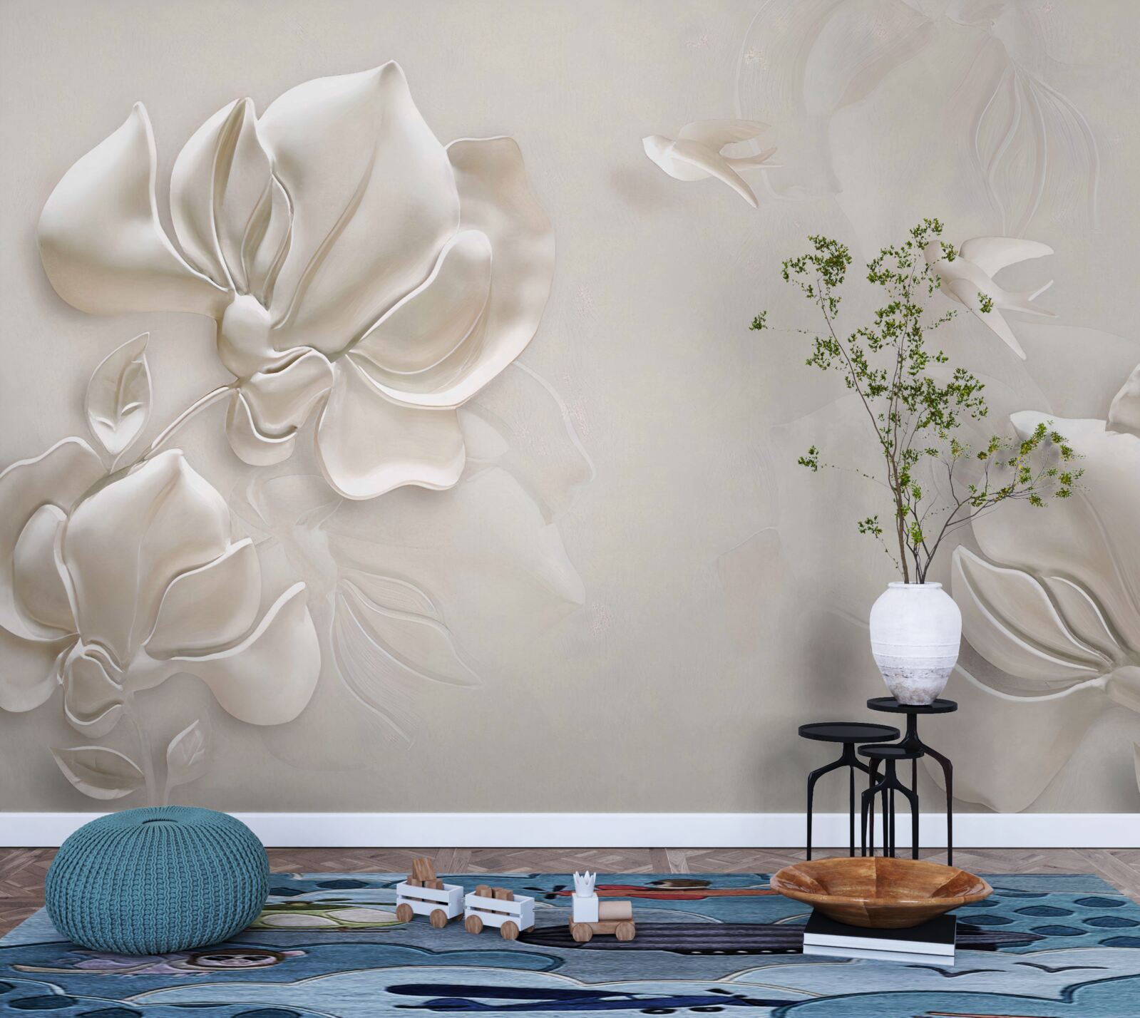 Fotobehang vogels en bloemen van wit materiaal