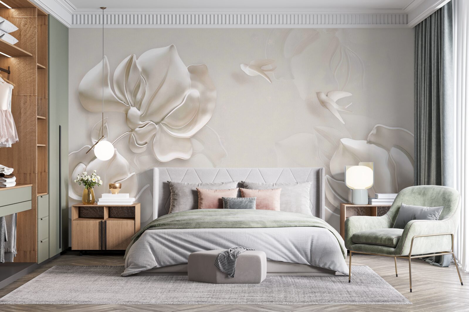 Fotobehang vogels en bloemen van wit materiaal