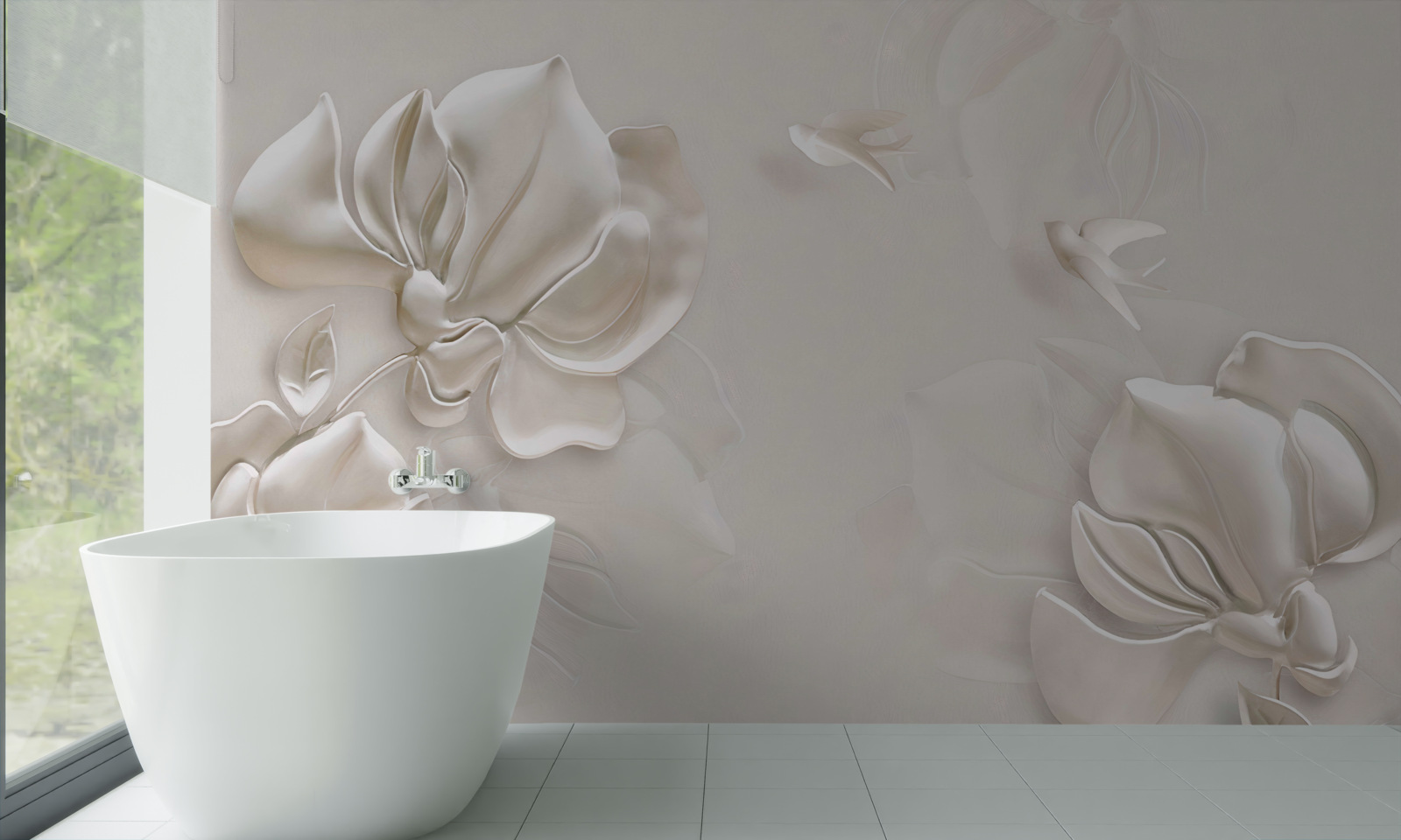 Fotobehang vogels en bloemen van wit materiaal