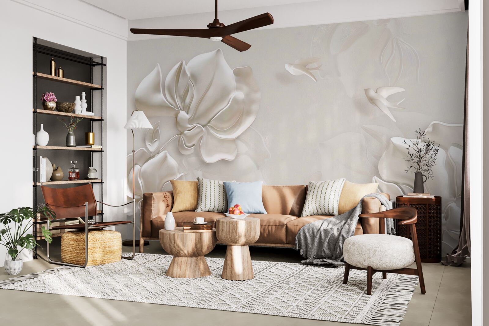 Fotobehang vogels en bloemen van wit materiaal