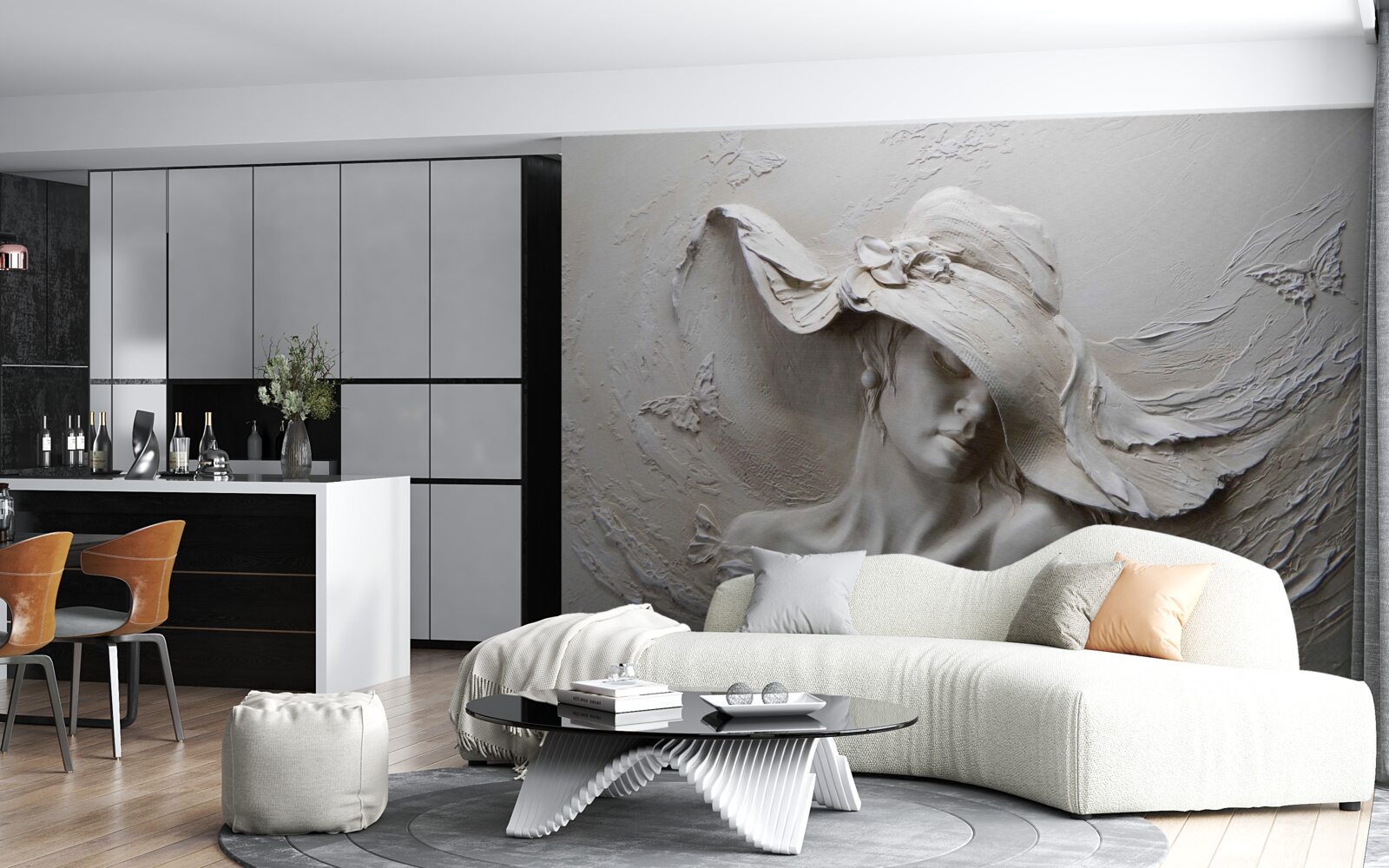 Fotobehang op de muur een gebeeldhouwde afbeelding van een meisje met een hoed op