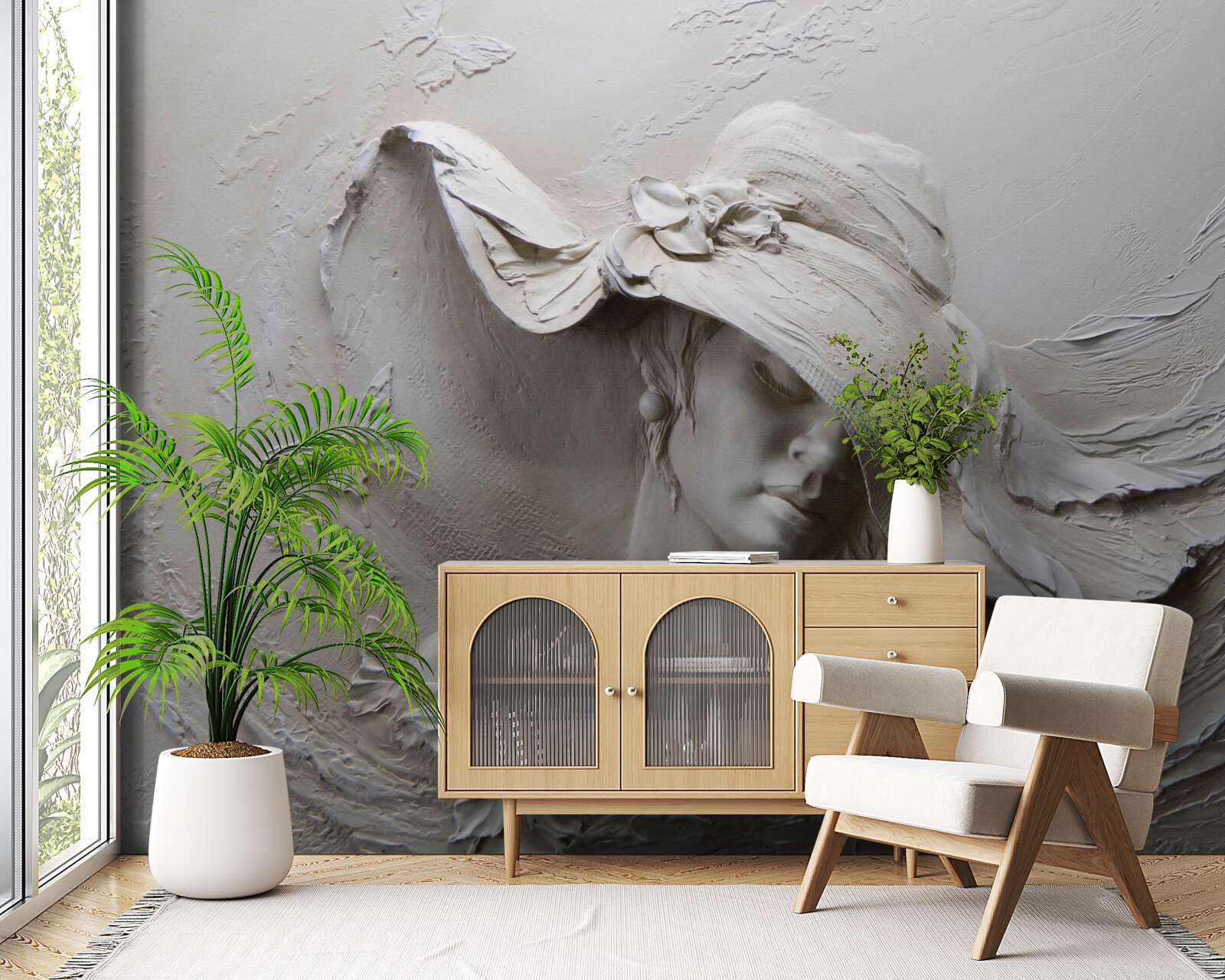 Fotobehang op de muur een gebeeldhouwde afbeelding van een meisje met een hoed op