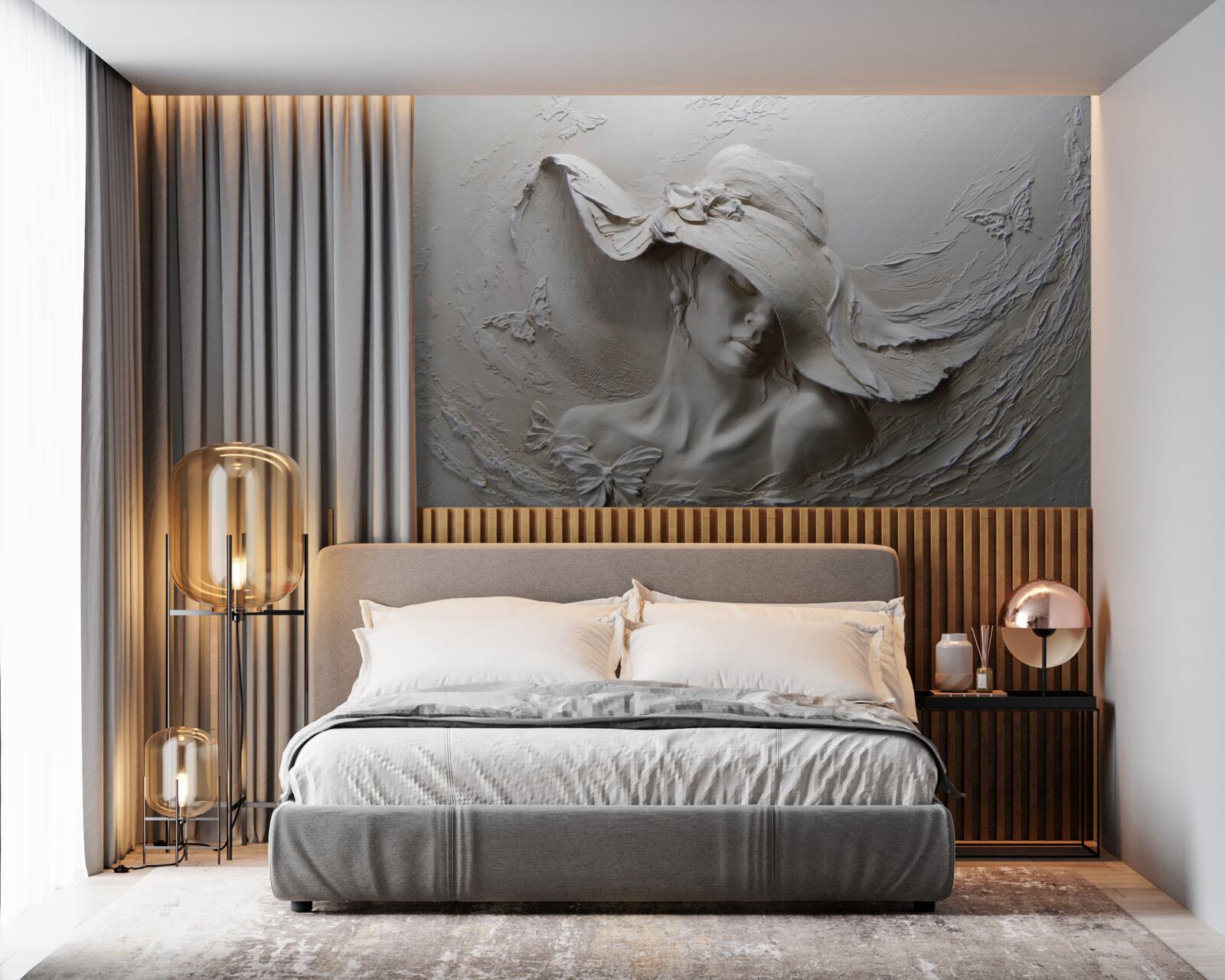 Fotobehang op de muur een gebeeldhouwde afbeelding van een meisje met een hoed op