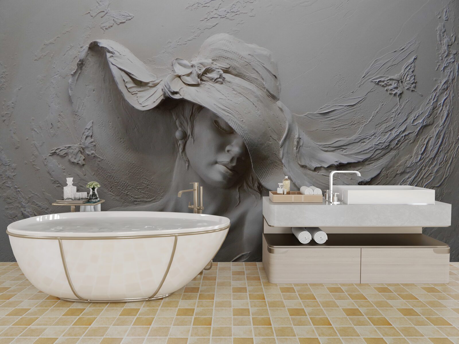 Fotobehang op de muur een gebeeldhouwde afbeelding van een meisje met een hoed op