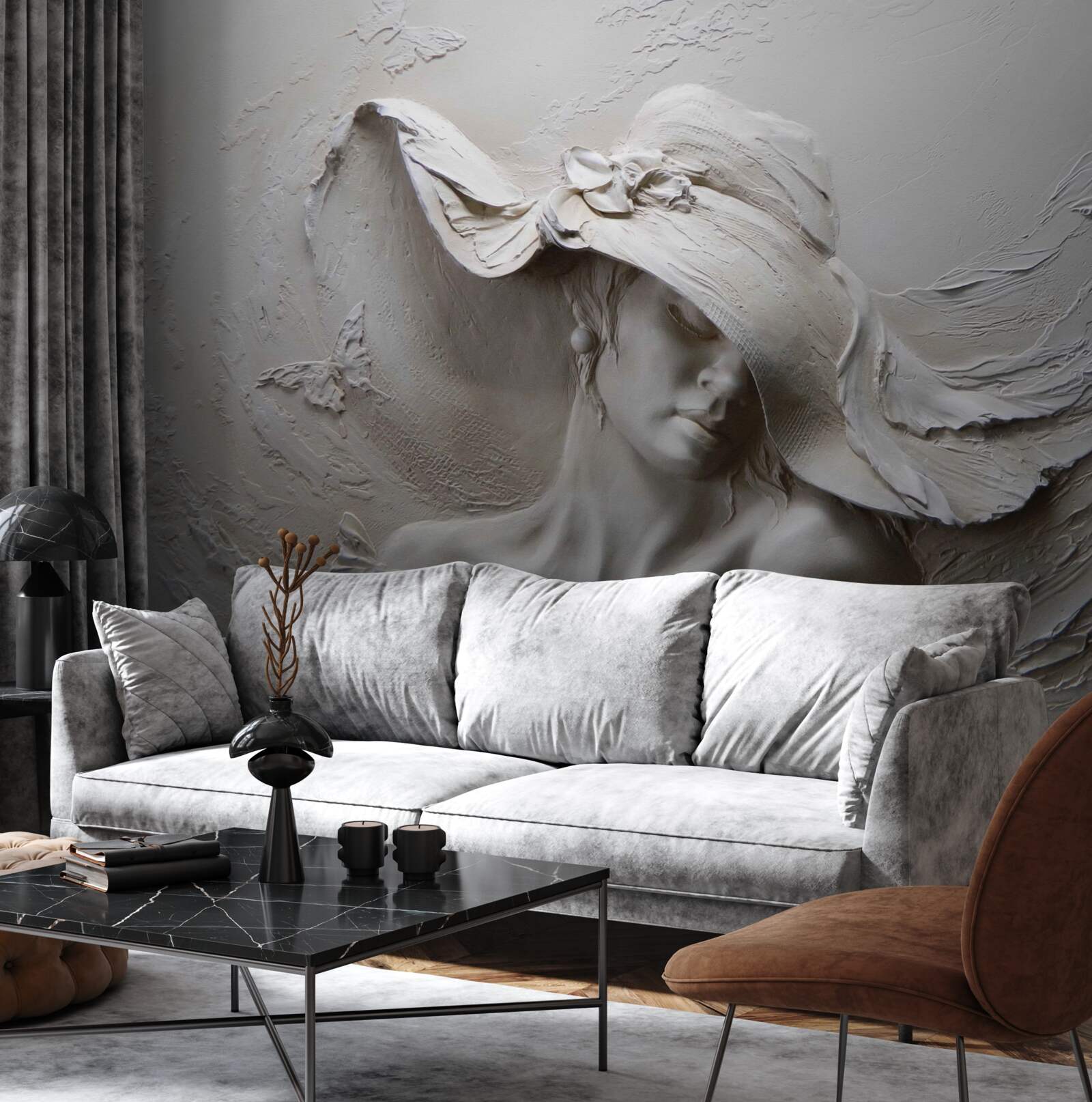 Fotobehang op de muur een gebeeldhouwde afbeelding van een meisje met een hoed op