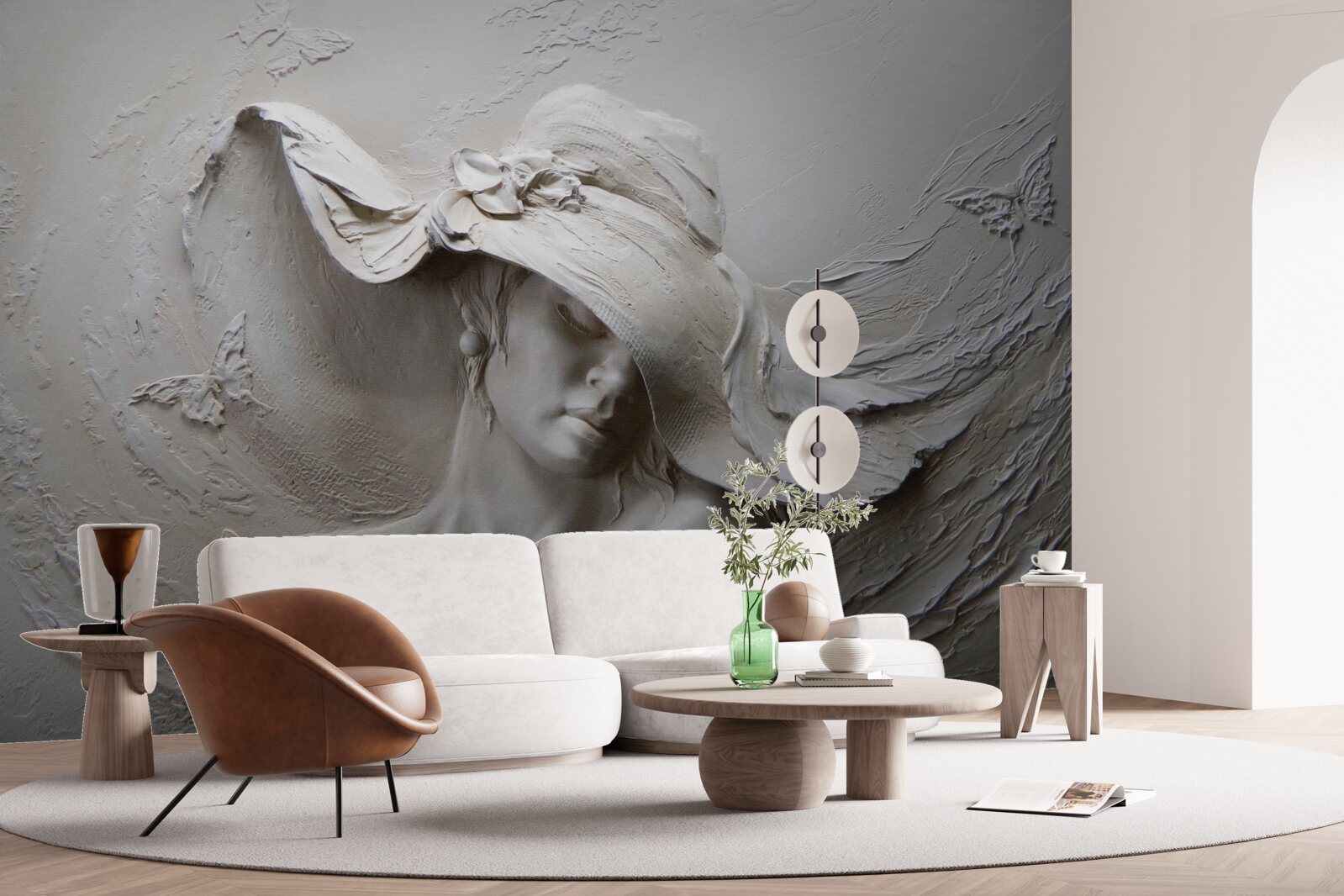 Fotobehang op de muur een gebeeldhouwde afbeelding van een meisje met een hoed op