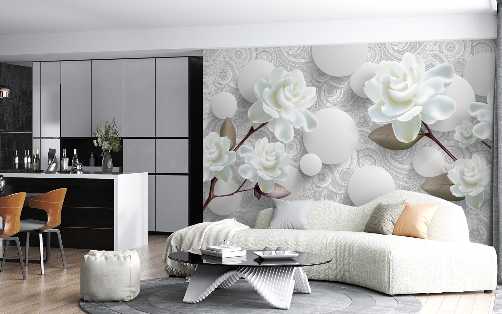 Fotobehang cirkels en sneeuwwitte rozen