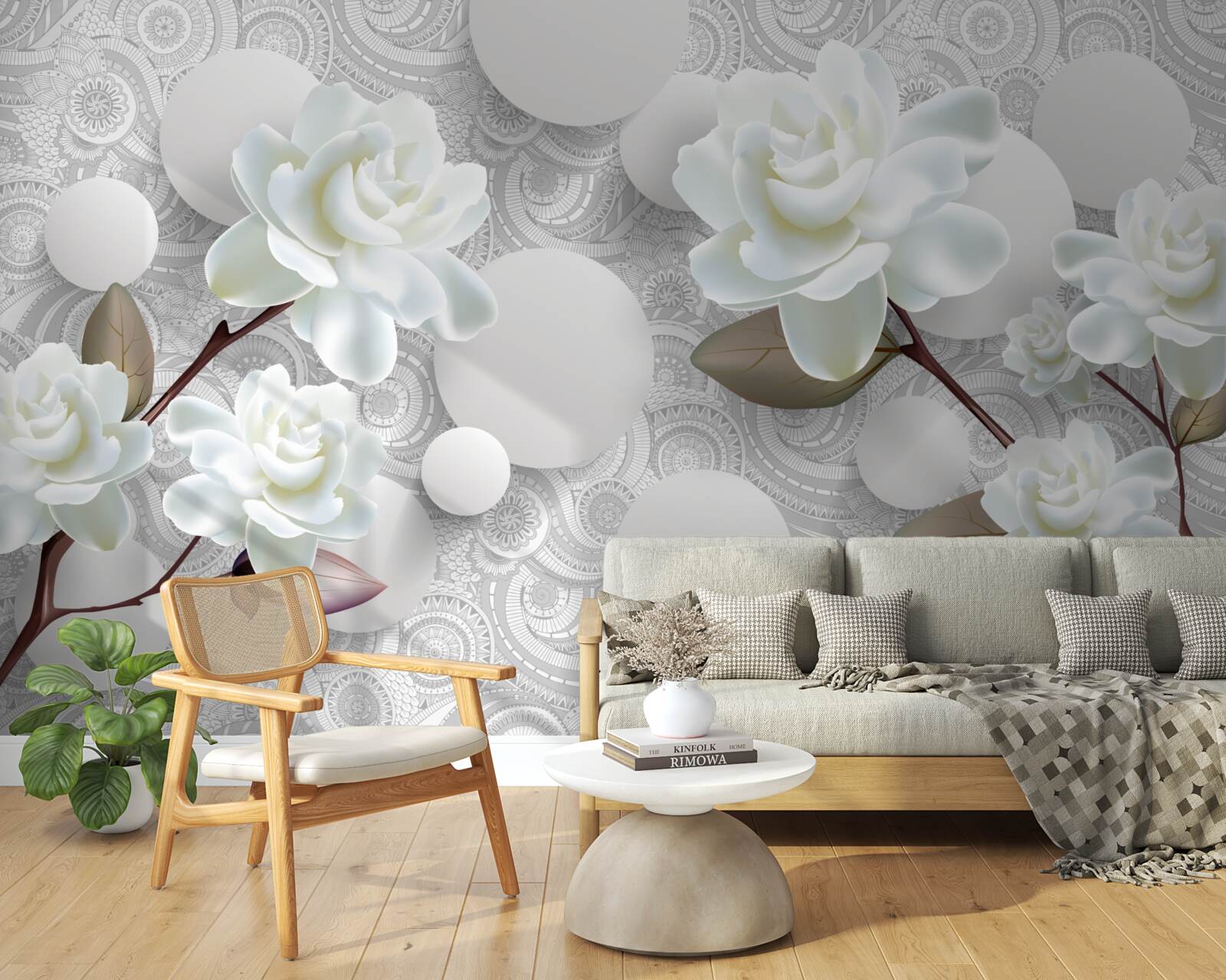 Fotobehang cirkels en sneeuwwitte rozen