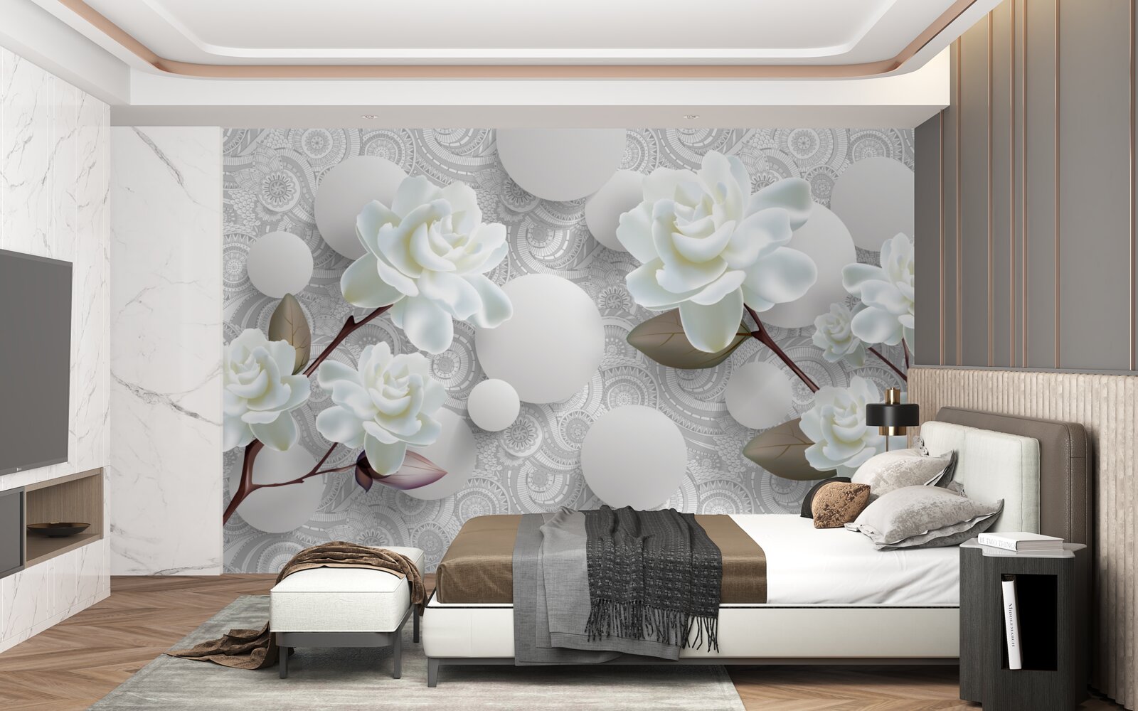 Fotobehang cirkels en sneeuwwitte rozen