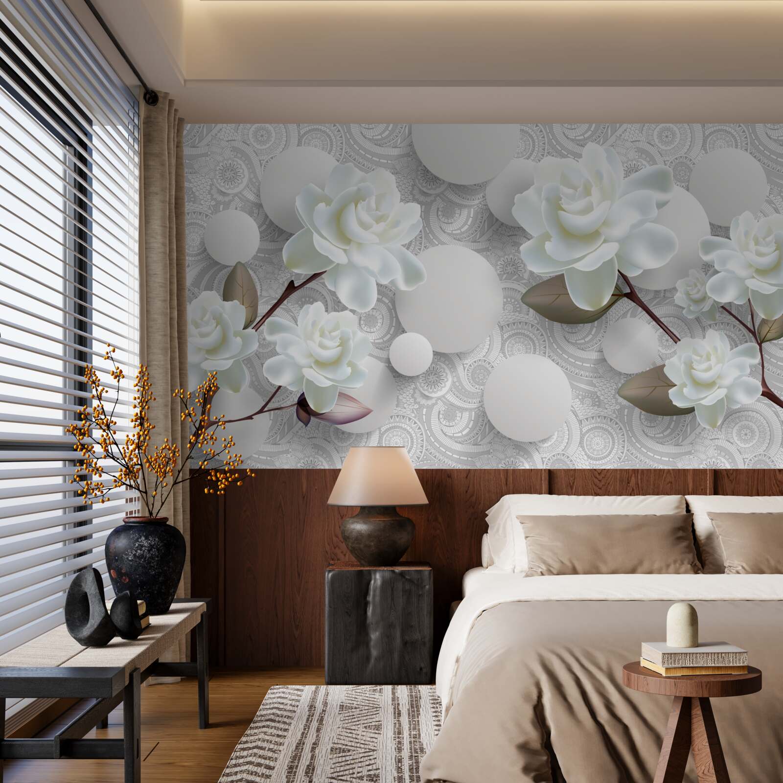 Fotobehang cirkels en sneeuwwitte rozen