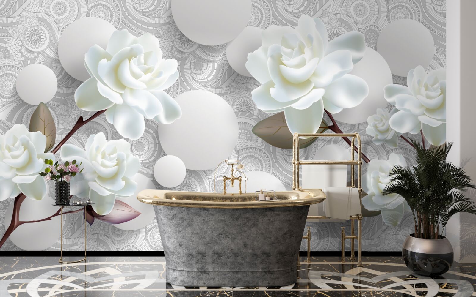 Fotobehang cirkels en sneeuwwitte rozen