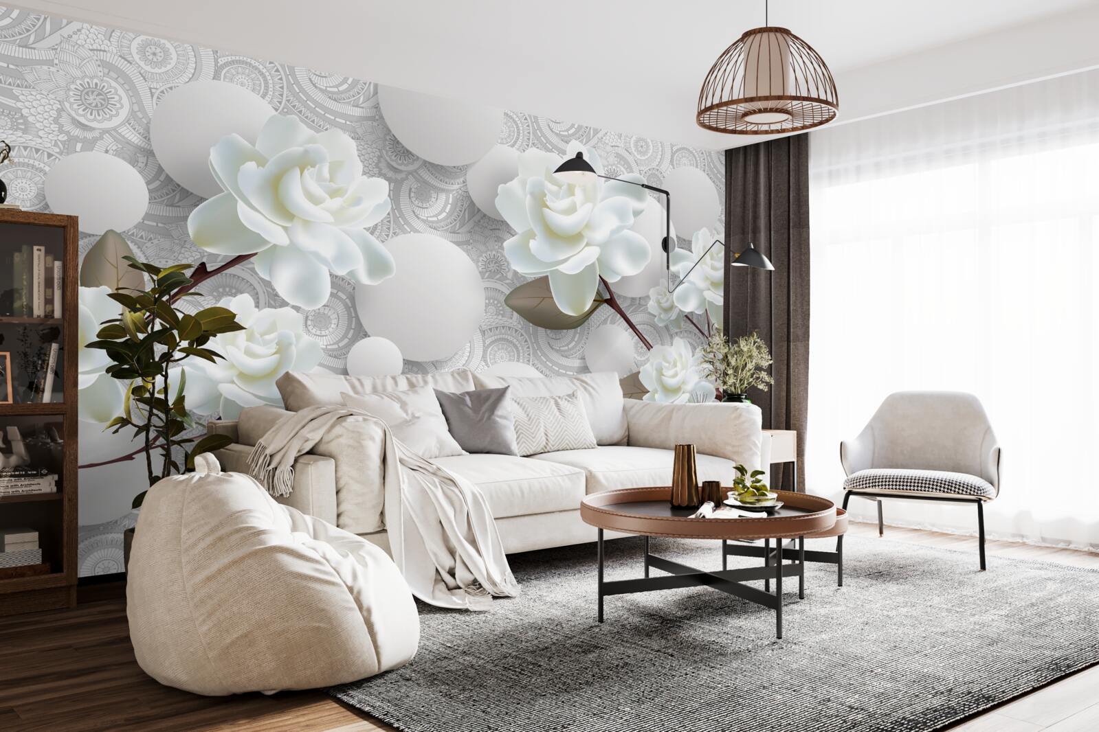 Fotobehang cirkels en sneeuwwitte rozen