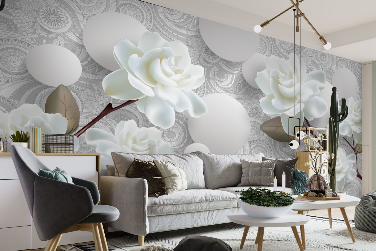 Fotobehang cirkels en sneeuwwitte rozen