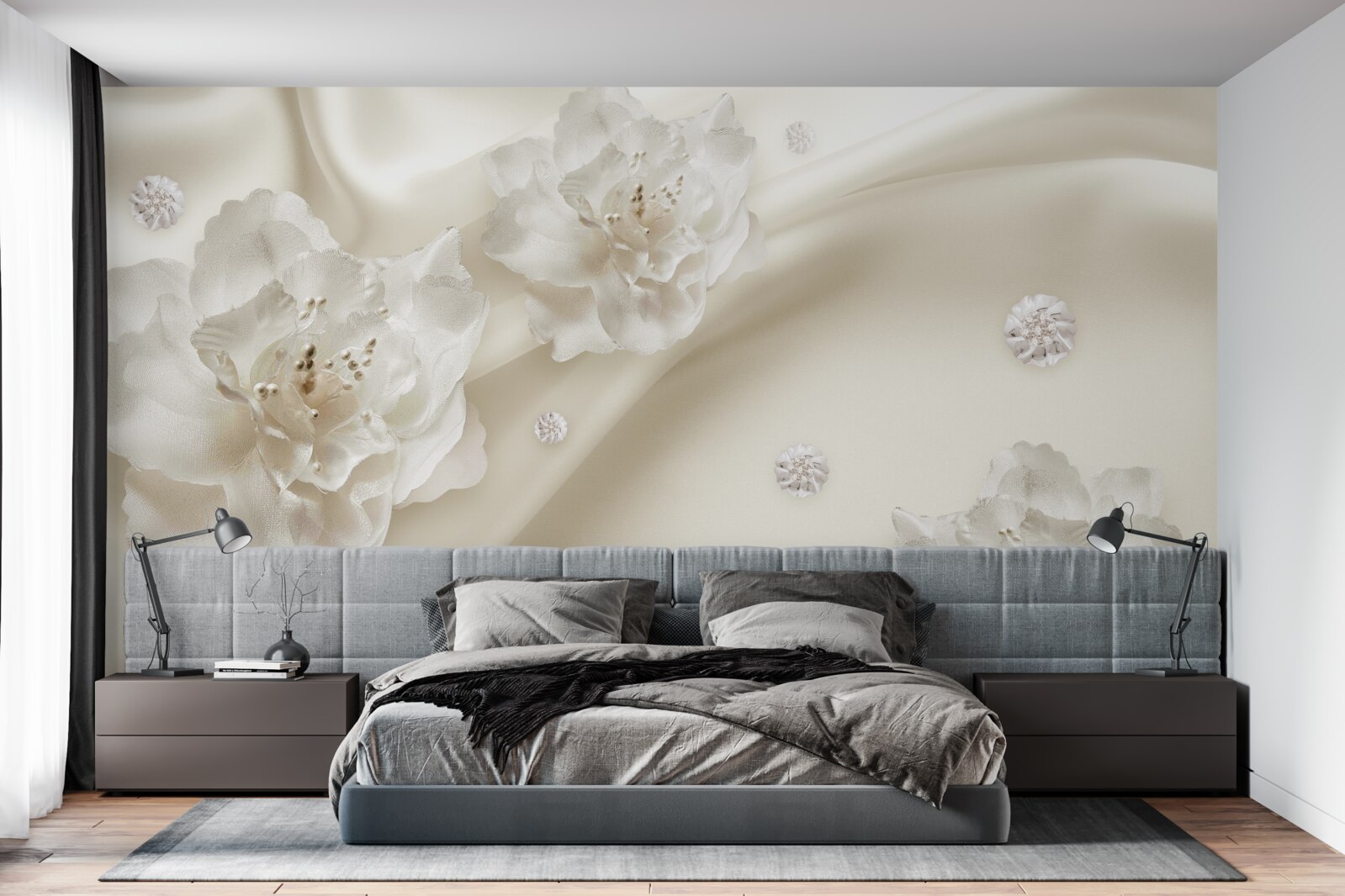 Fotobehang delicate witte rozen op de stof