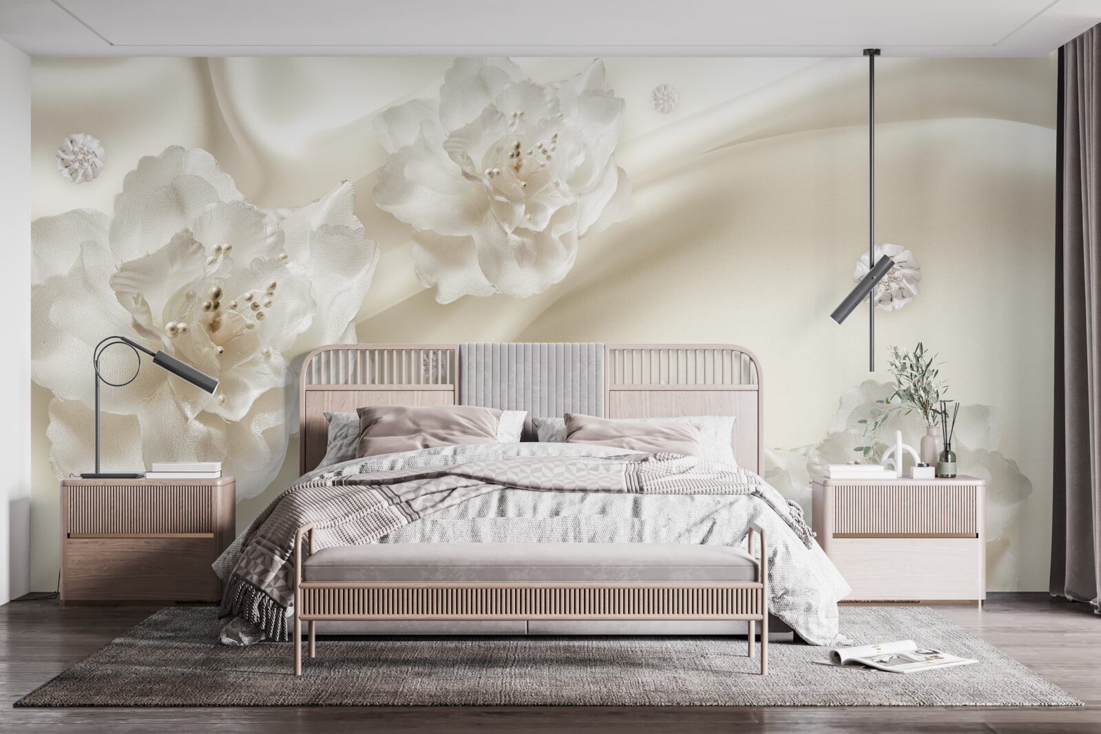 Fotobehang delicate witte rozen op de stof