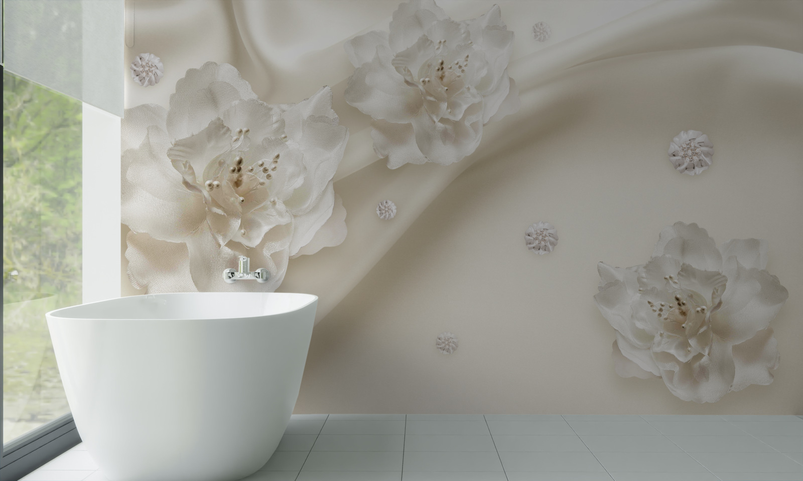 Fotobehang delicate witte rozen op de stof