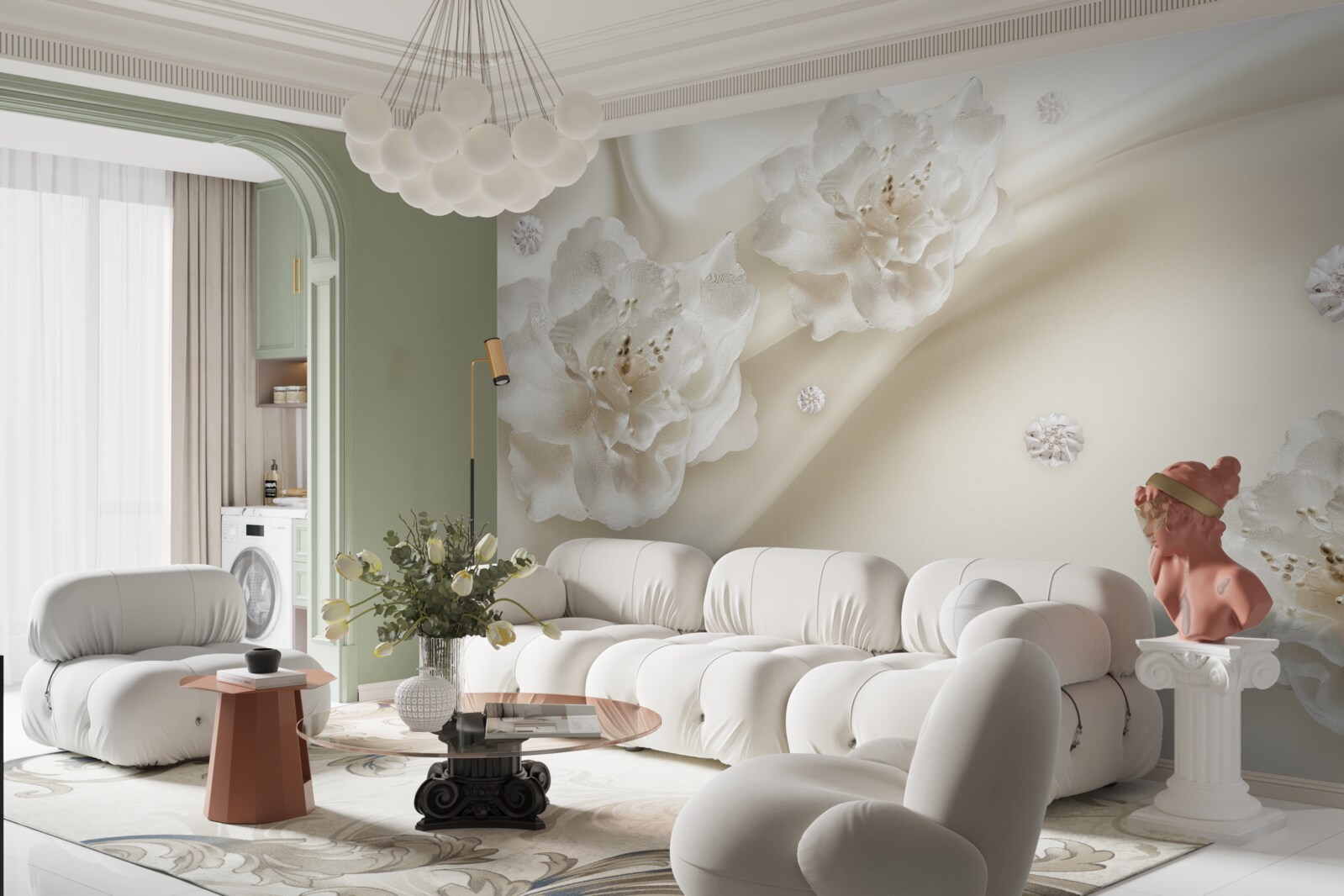 Fotobehang delicate witte rozen op de stof