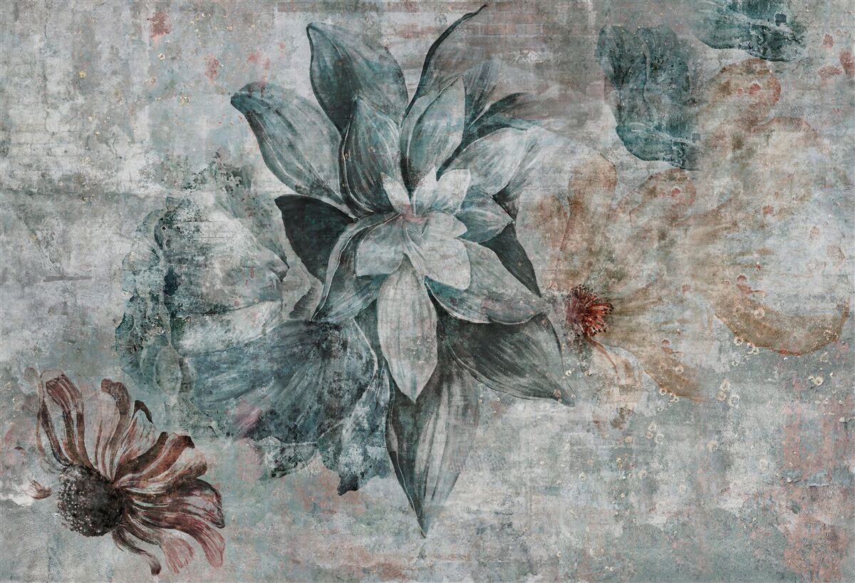 Fotobehang bloeiende planten op een betonnen barrière