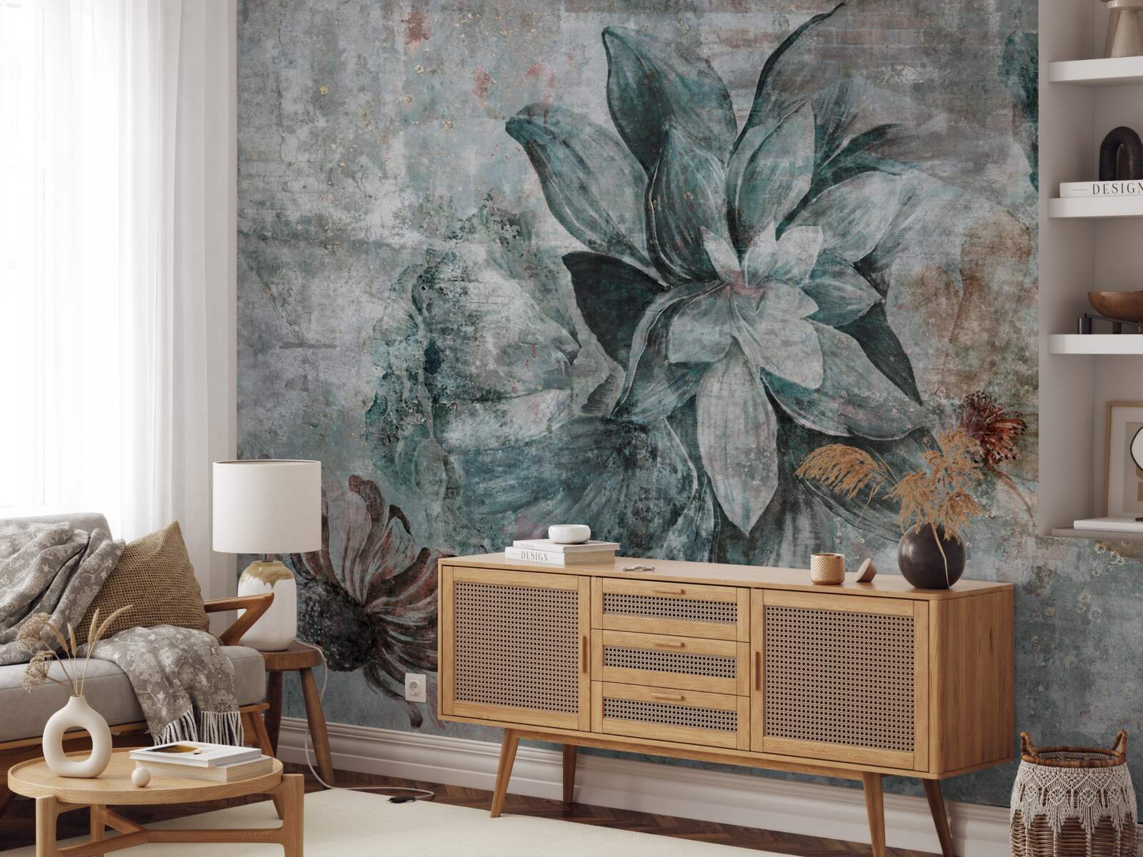 Fotobehang bloeiende planten op een betonnen barrière