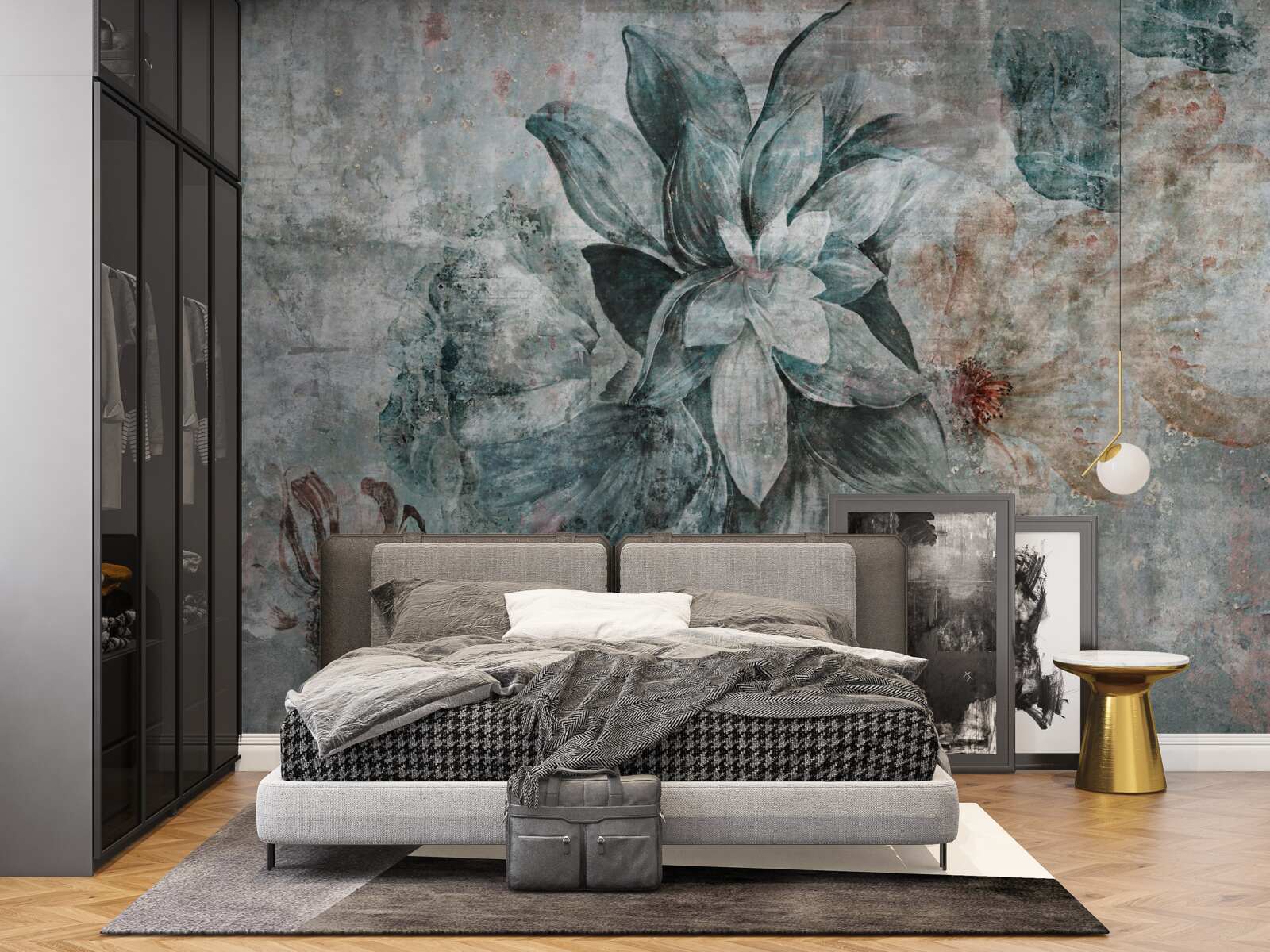 Fotobehang bloeiende planten op een betonnen barrière