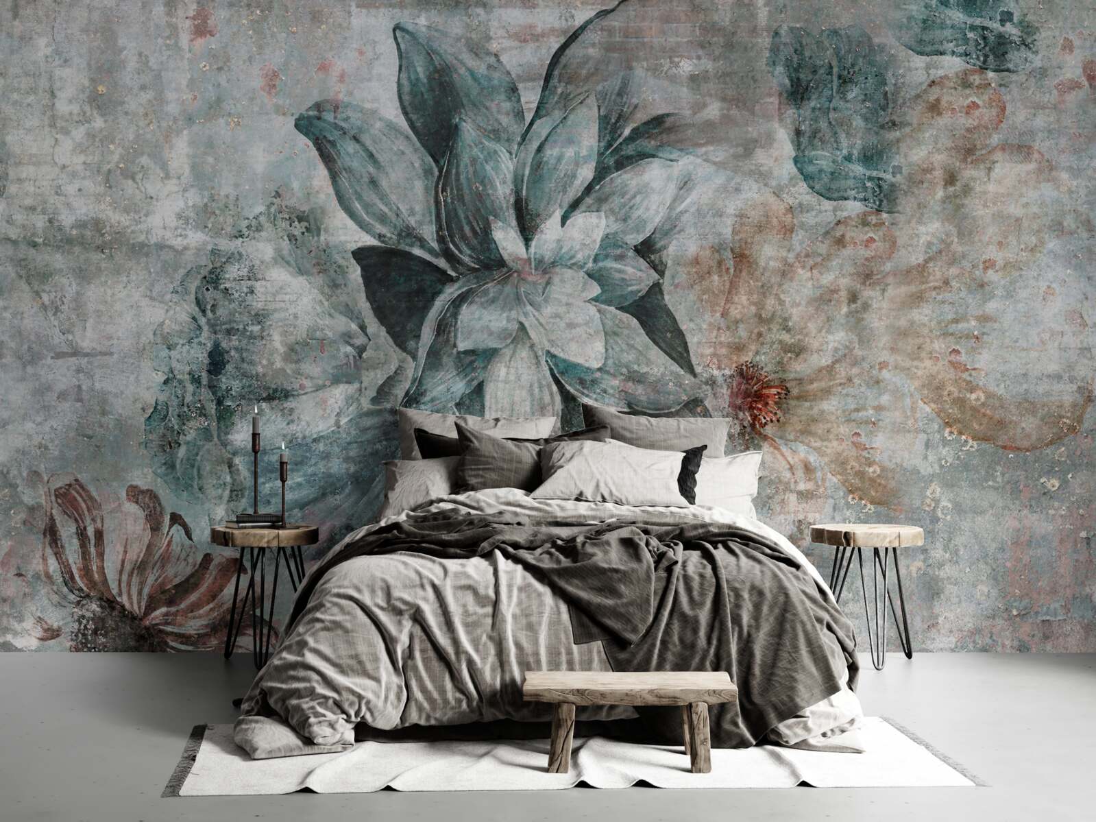 Fotobehang bloeiende planten op een betonnen barrière