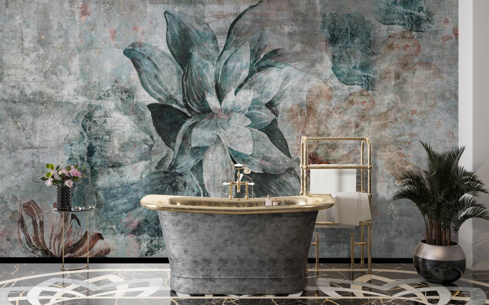 Fotobehang bloeiende planten op een betonnen barrière