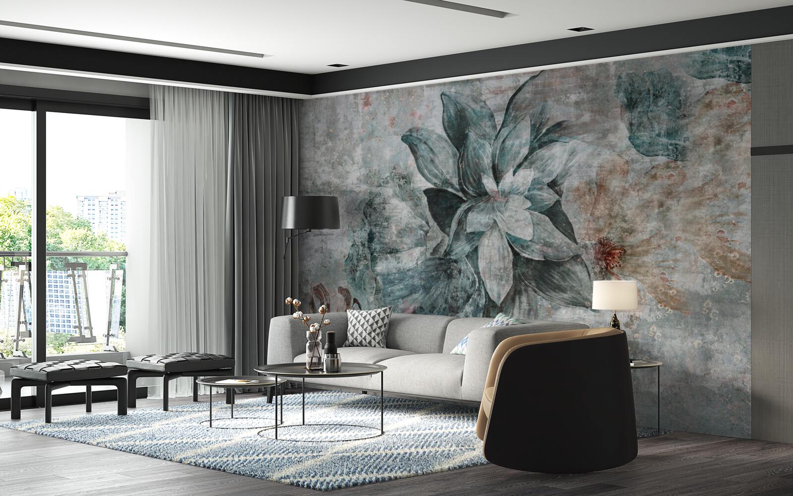 Fotobehang bloeiende planten op een betonnen barrière