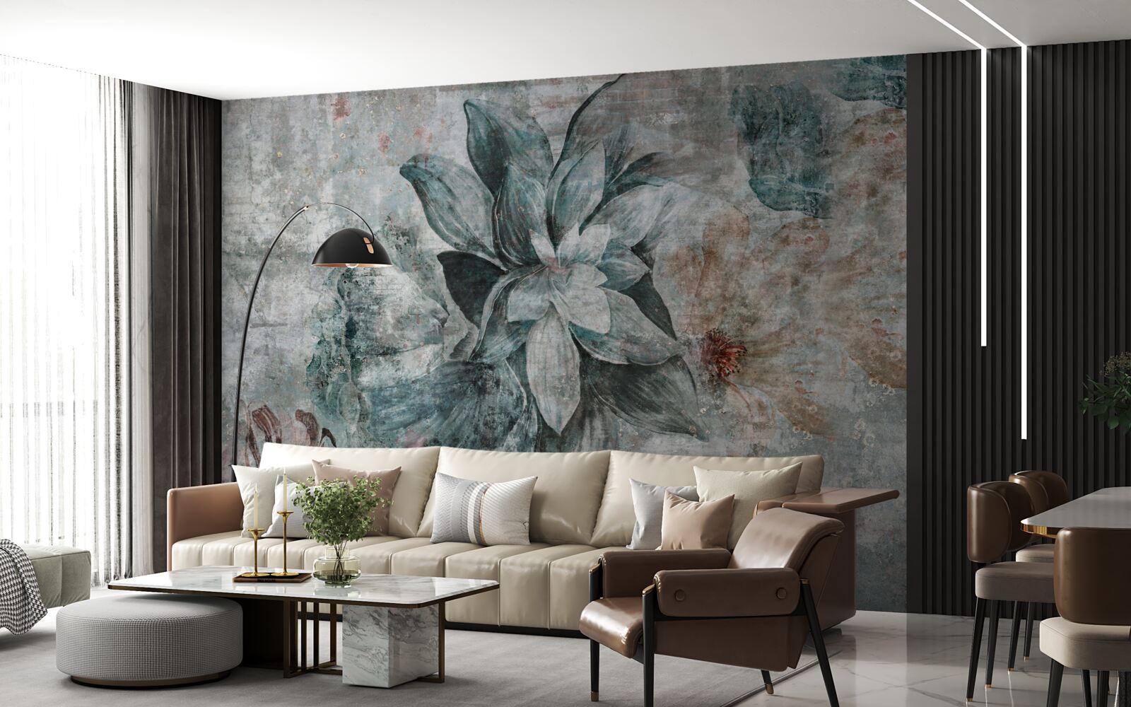 Fotobehang bloeiende planten op een betonnen barrière