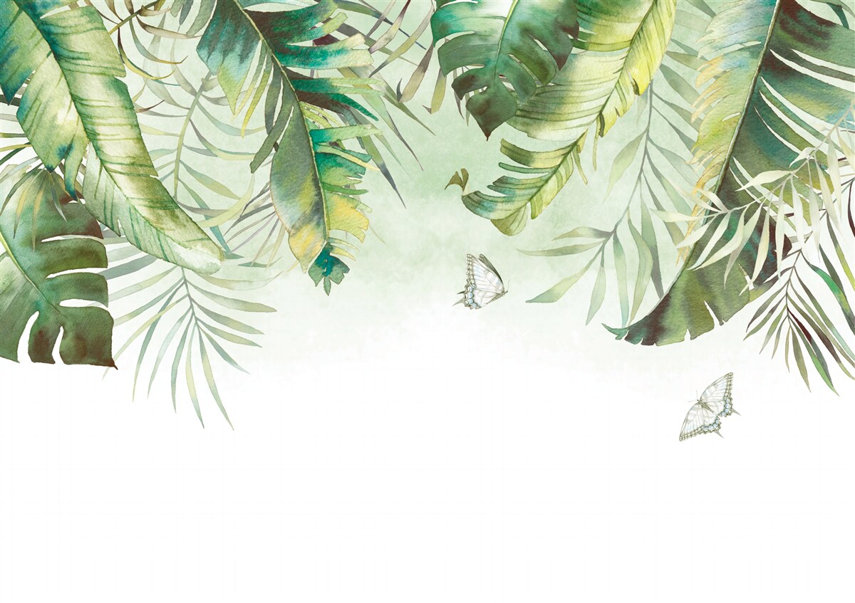 Fotobehang Lepidoptera tussen tropisch gebladerte