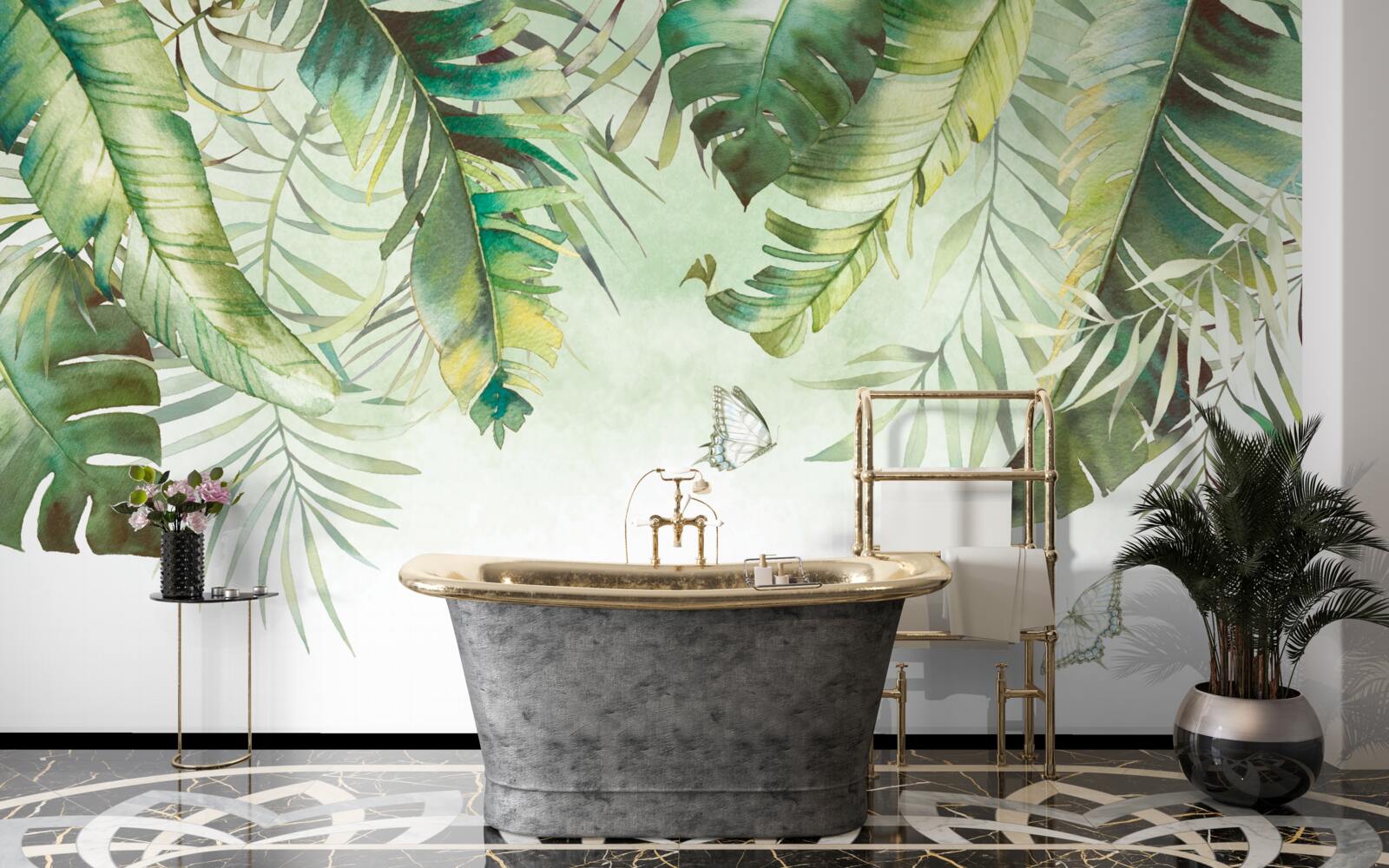 Fotobehang Lepidoptera tussen tropisch gebladerte