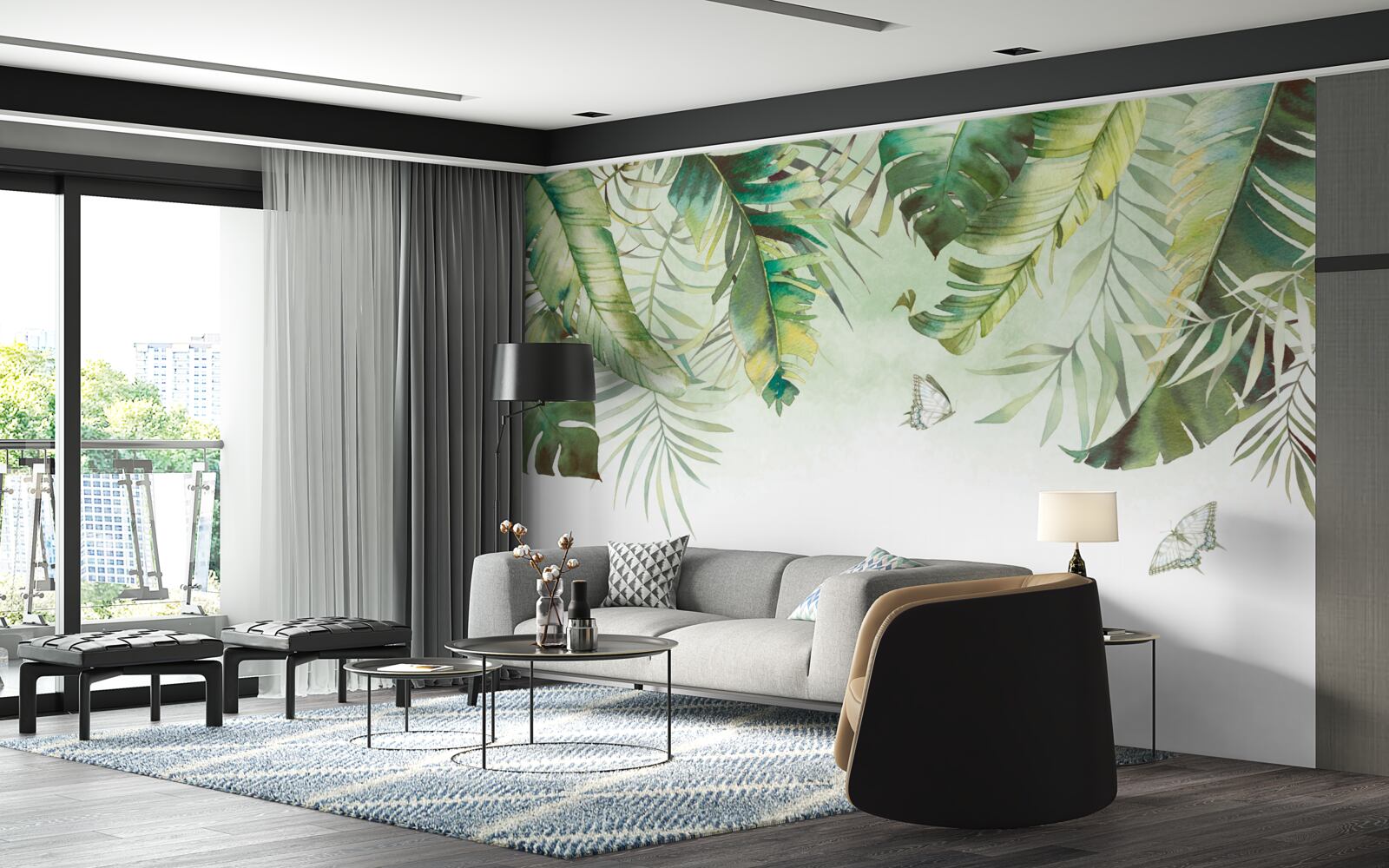 Fotobehang Lepidoptera tussen tropisch gebladerte