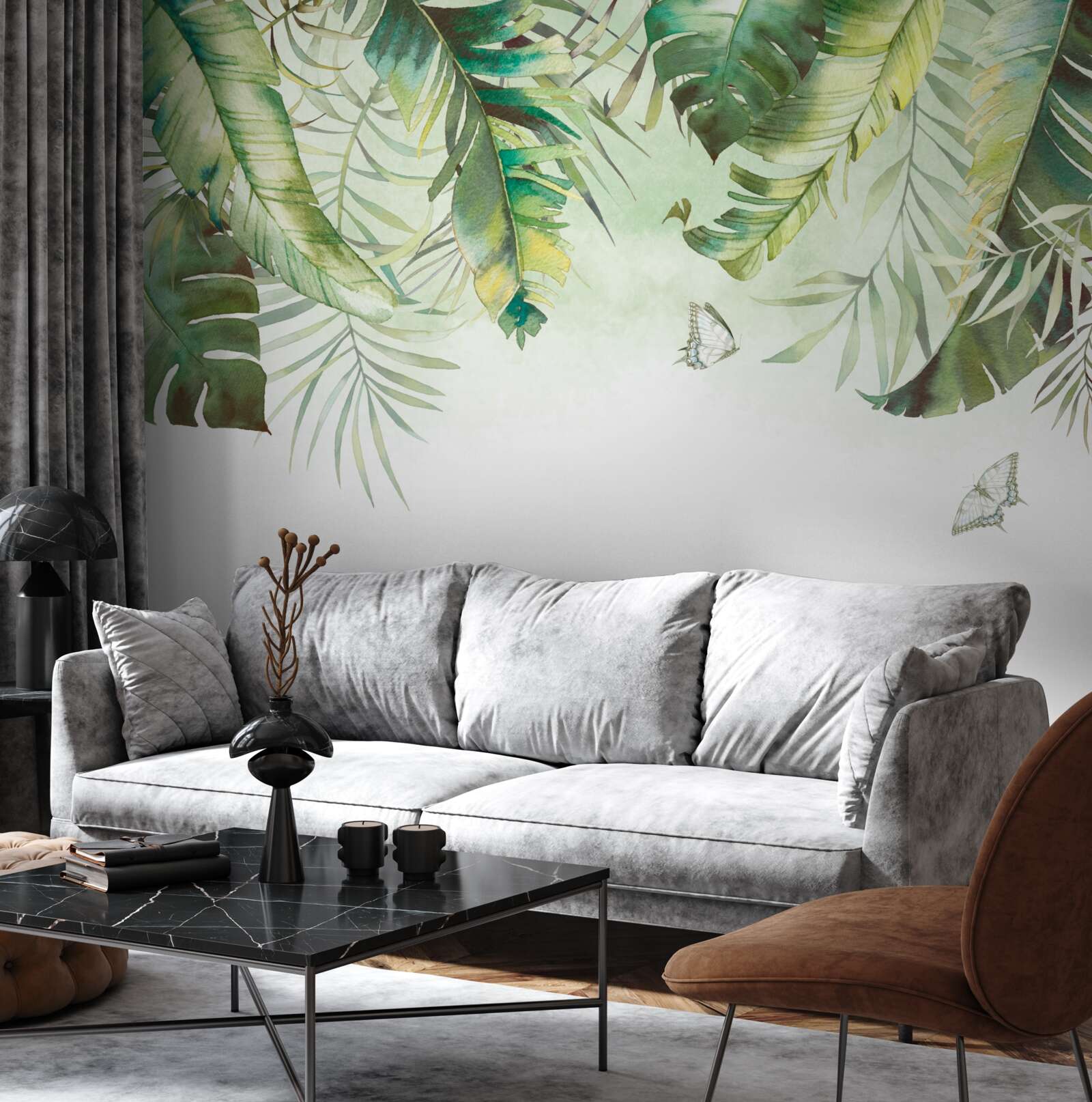 Fotobehang Lepidoptera tussen tropisch gebladerte
