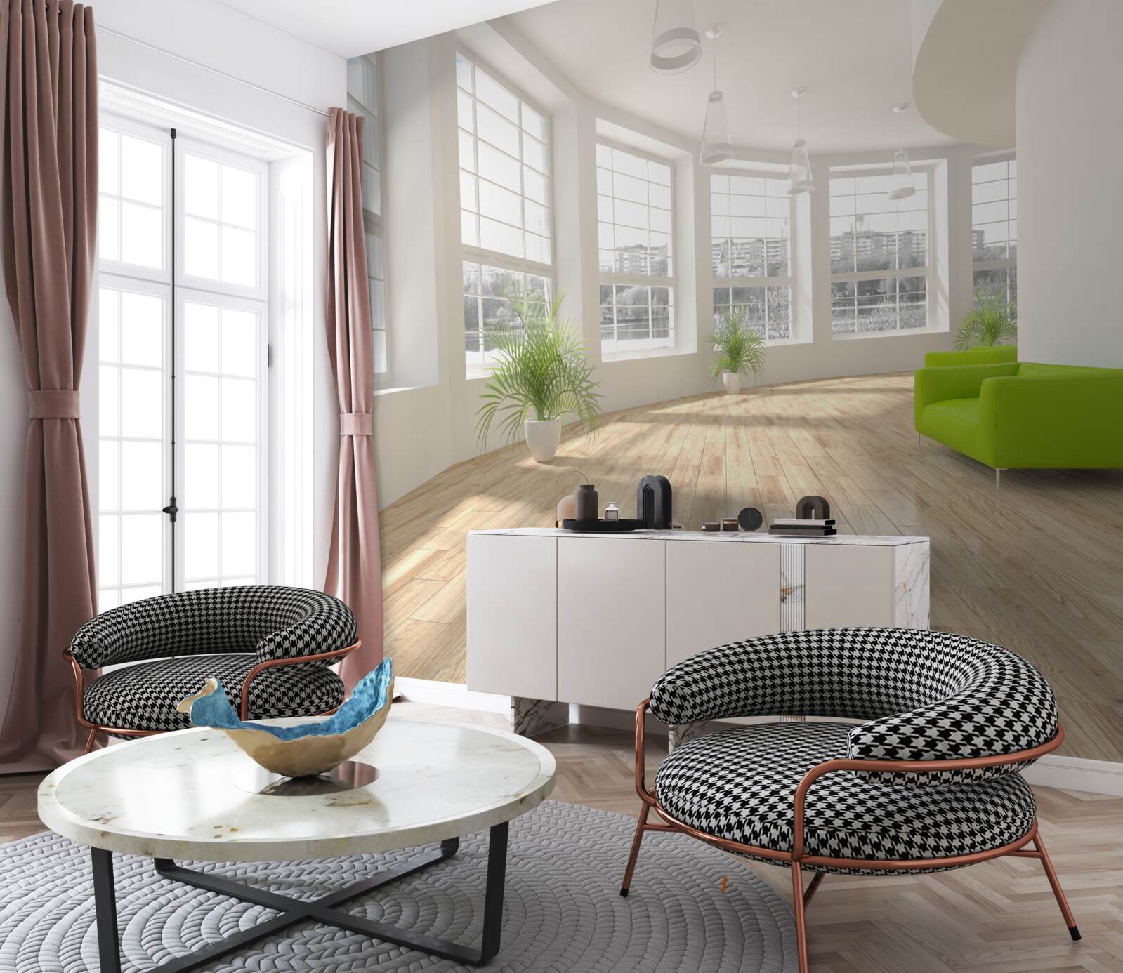 Fotobehang witte gang met ramen van vloer tot plafond