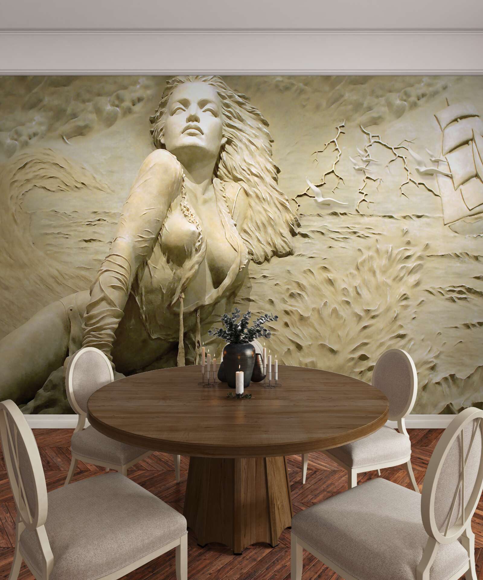 Fotobehang in de buurt van een meisje met los haar en een zeil