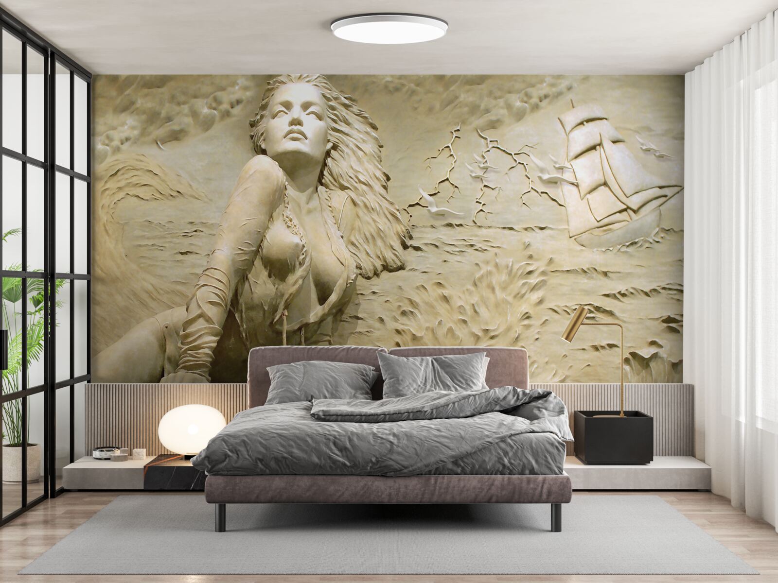 Fotobehang in de buurt van een meisje met los haar en een zeil