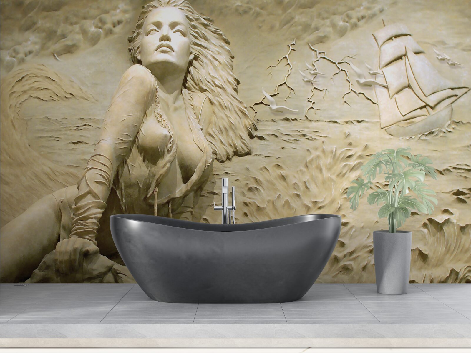 Fotobehang in de buurt van een meisje met los haar en een zeil