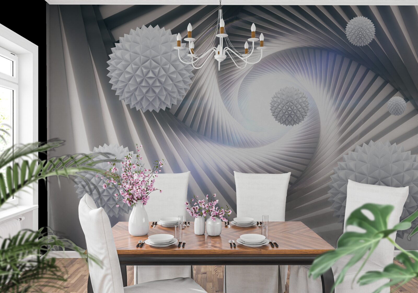 Fotobehang witte ballen en abstracte spiralen