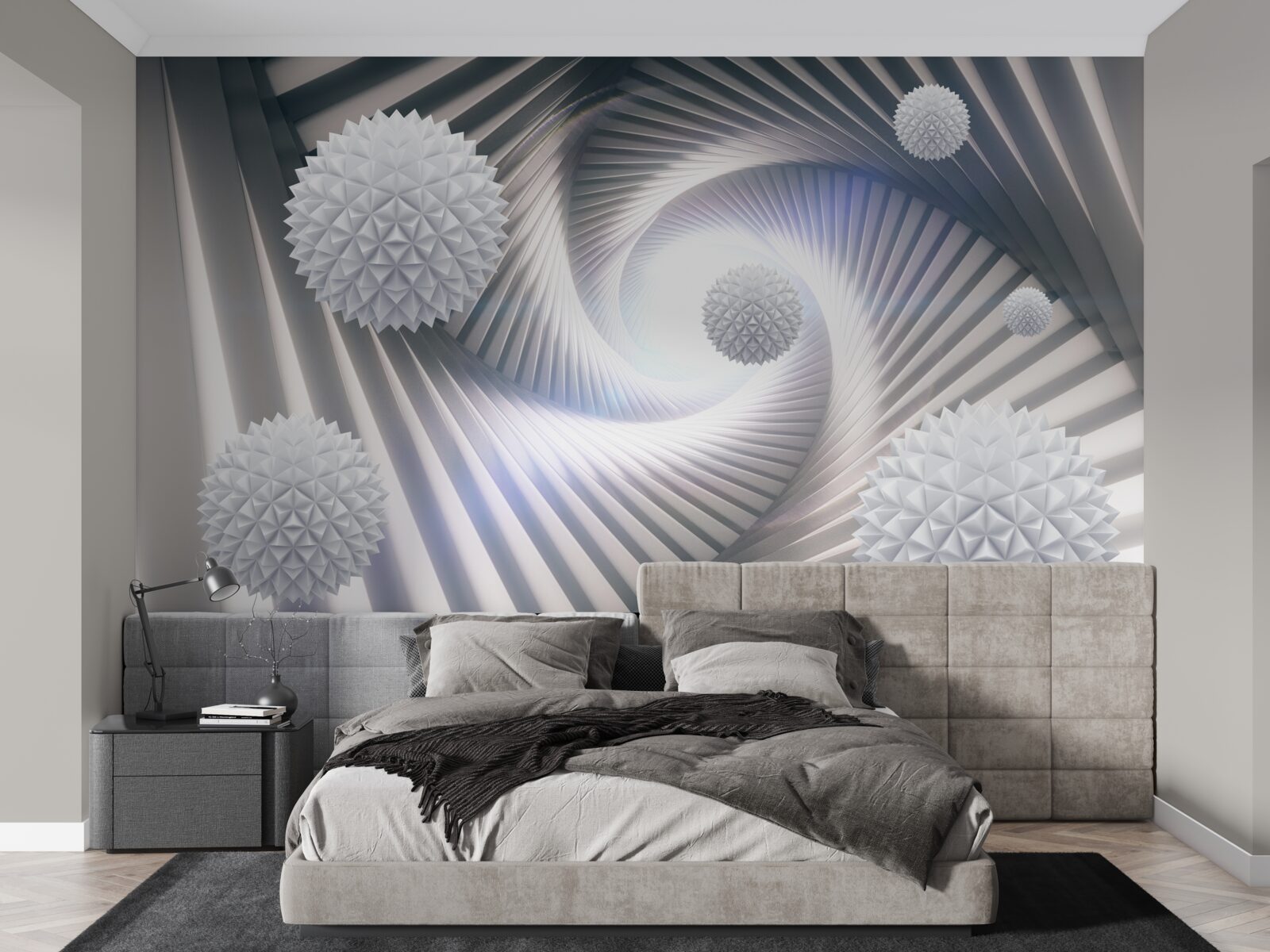 Fotobehang witte ballen en abstracte spiralen